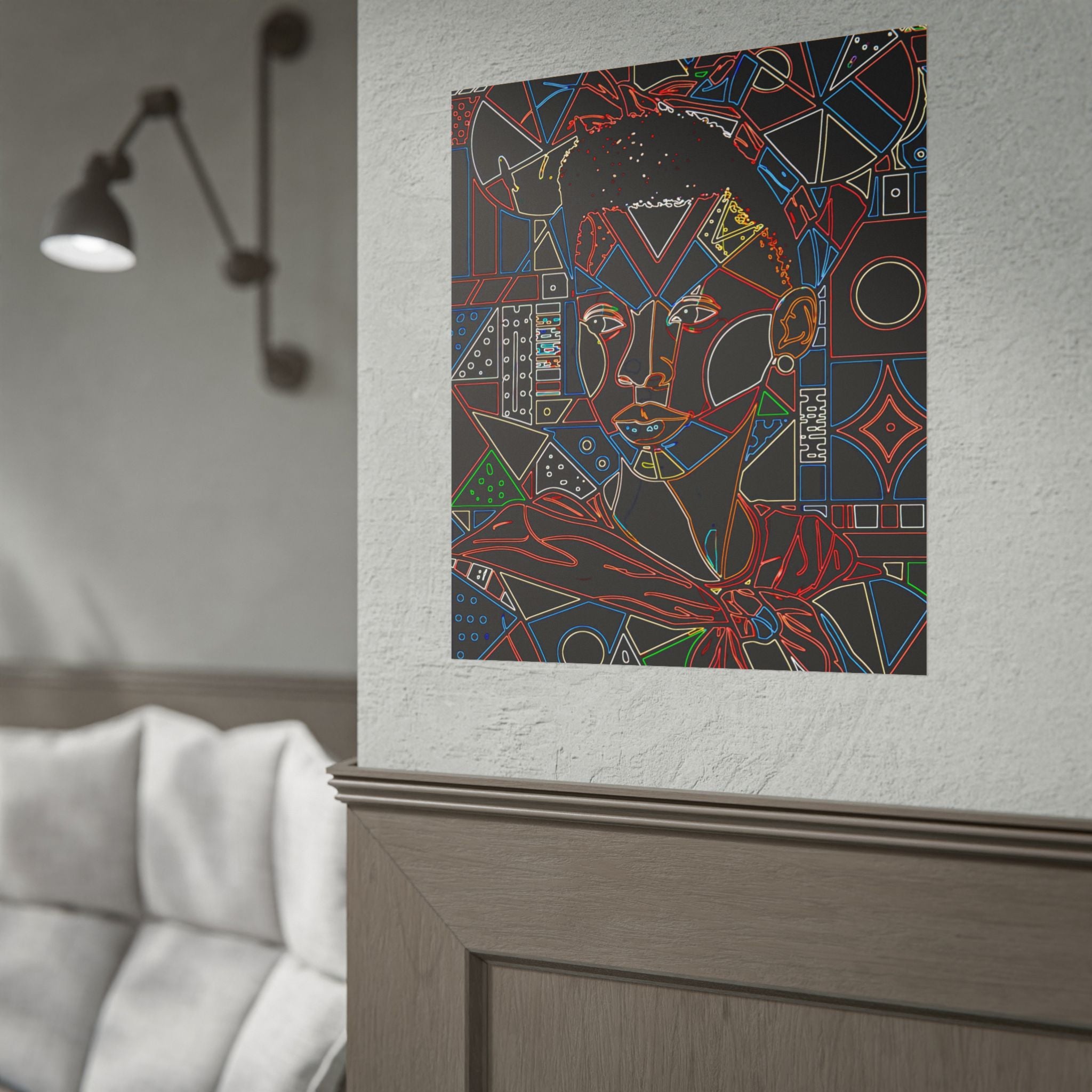 Neon Line Art Portrait Poster — Afro Futurism Geometric Wall Art (Rolled)