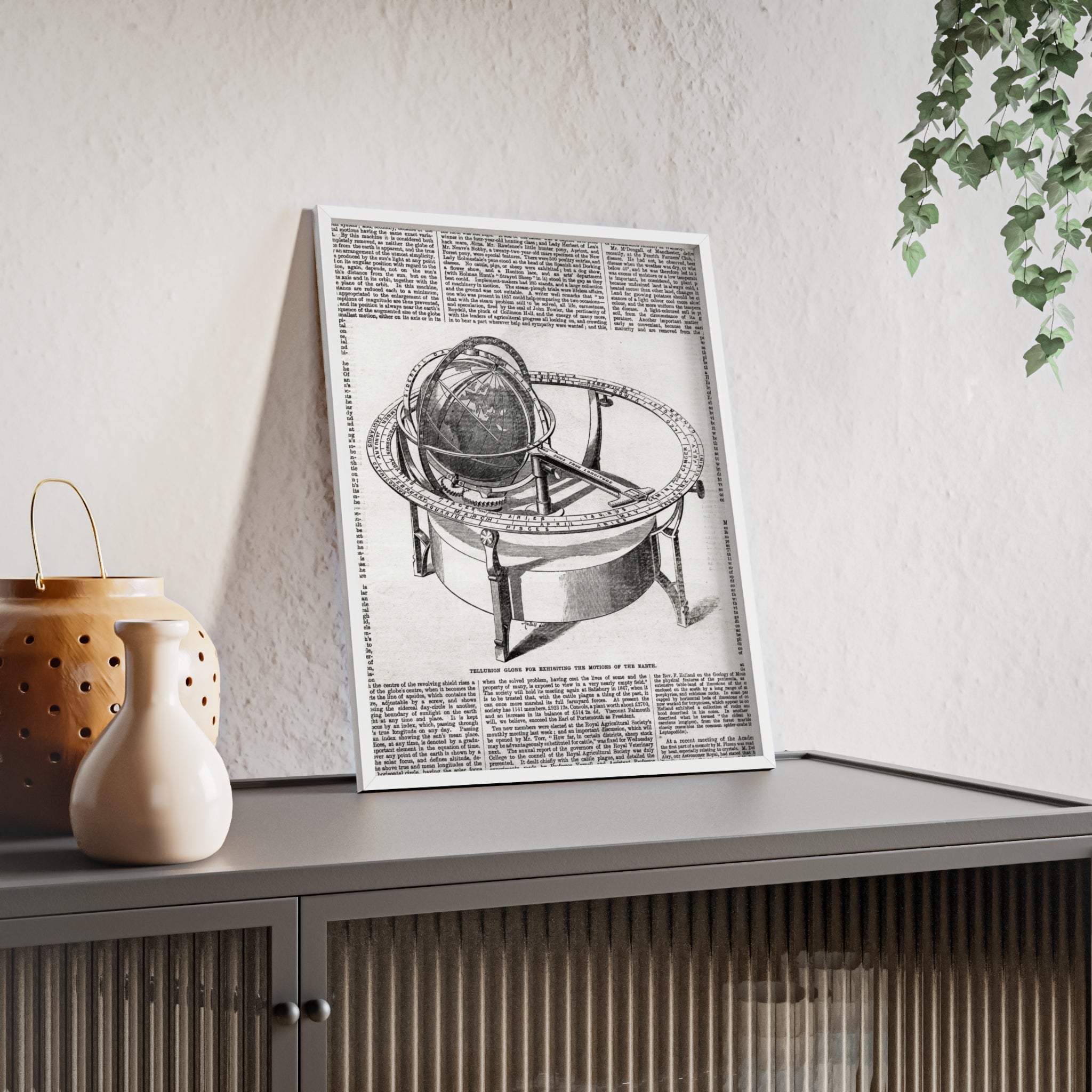 TELLURION GLOBE for Exhibiting the Motions of the Earth. Vintage Celestial Globe Poster with Wooden Frame — Antique Astronomy Wall Art