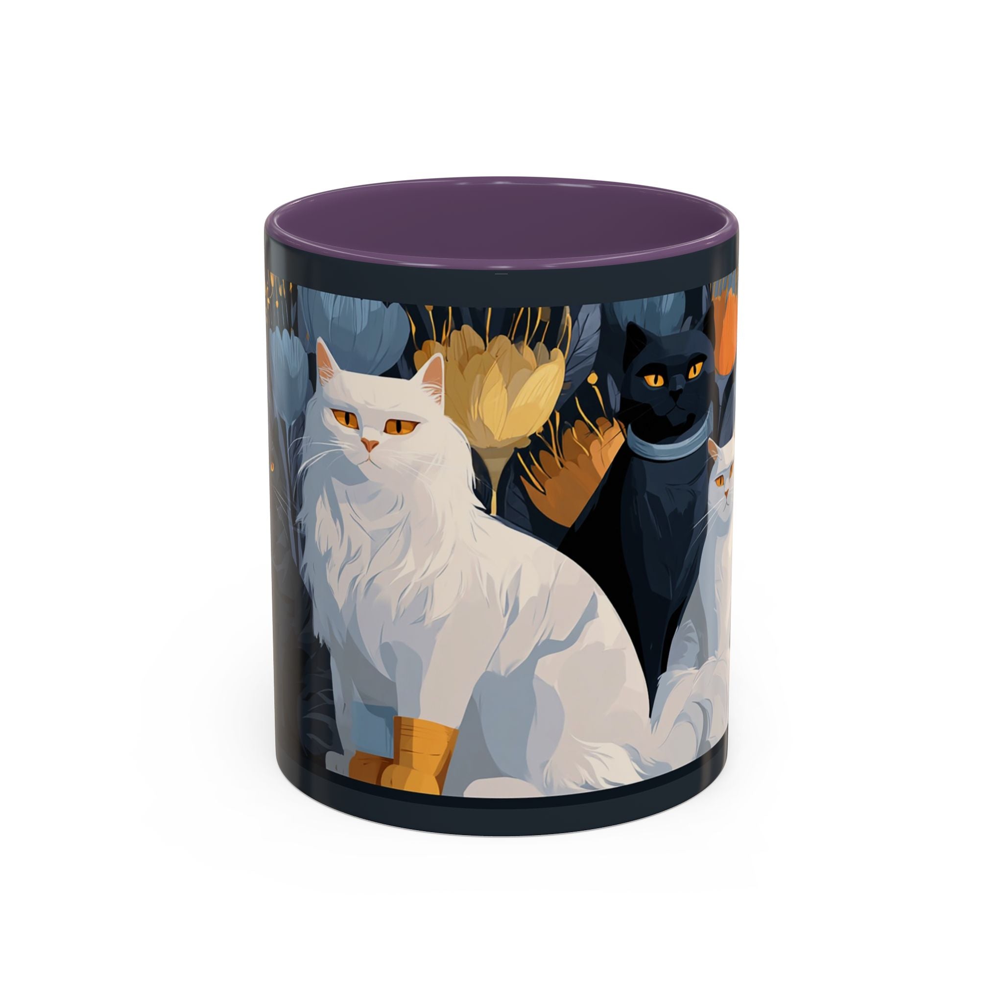 Cat Pattern Accent Coffee Mug — Illustrated Cats Floral Night Design (11/15oz)