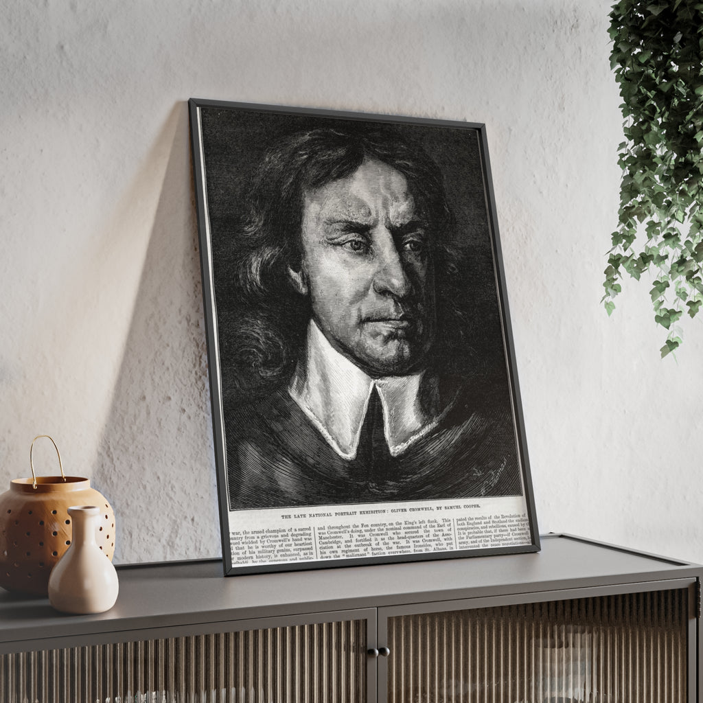 OLIVER CROMWELL. Historical Portrait Poster with Wooden Frame — Vintage Chalk-Style Print