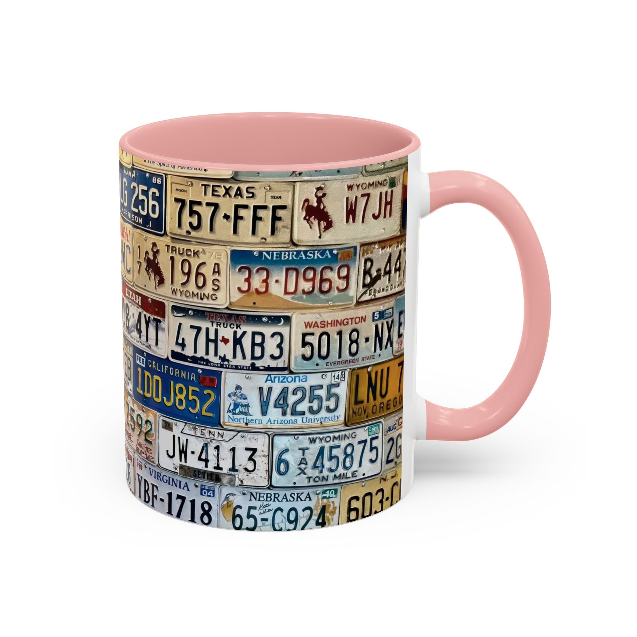 License Plate Collage Coffee Mug — Route 66, Vintage Road Trip Accent Mug