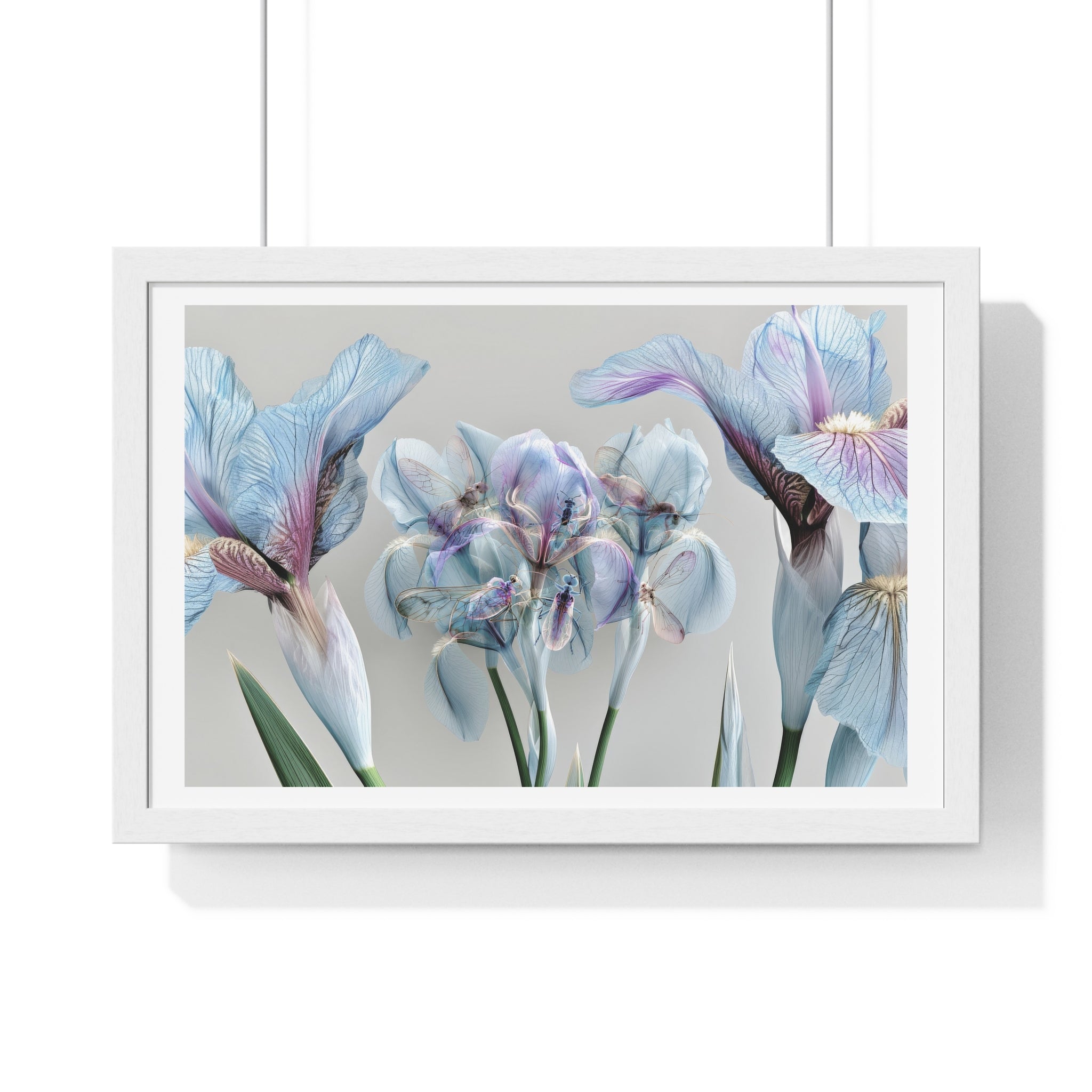 Botanical Iris Framed Poster — Soft Blue Floral Wall Art (Horizontal)