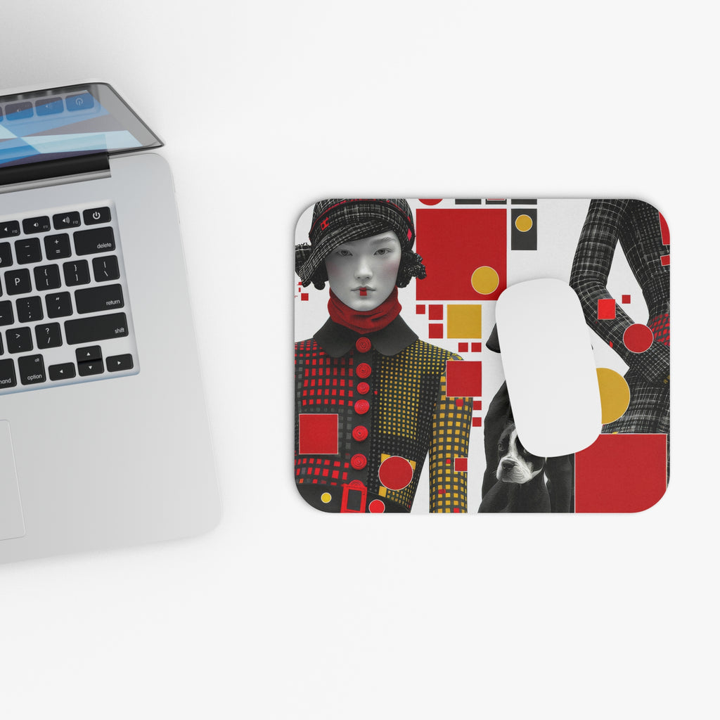Retro Chic Mouse Pad — Mod Geometric Art with Fashion Doll & Dogs