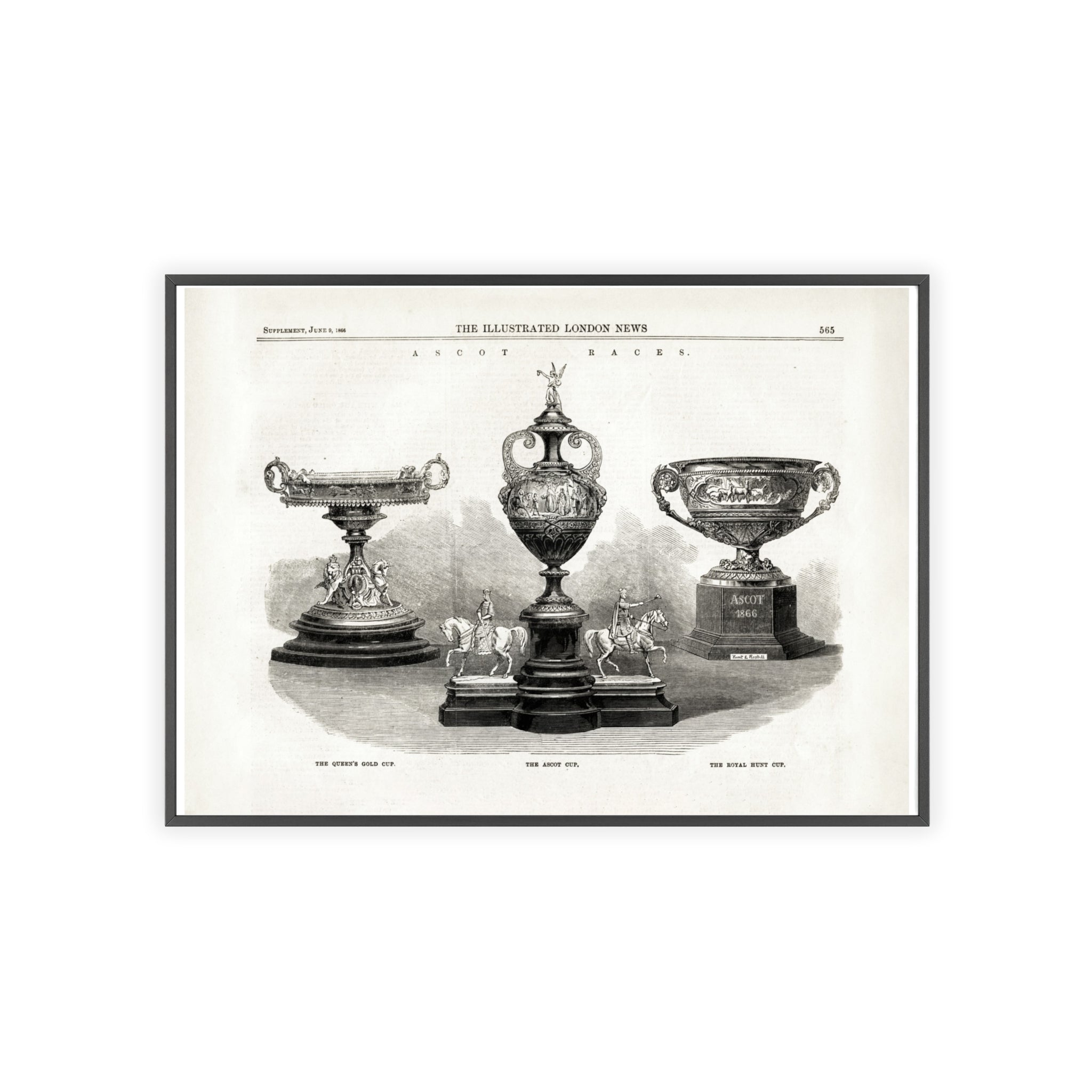 The ASCOT Races. Vintage Trophy Engraving Poster with Wooden Frame