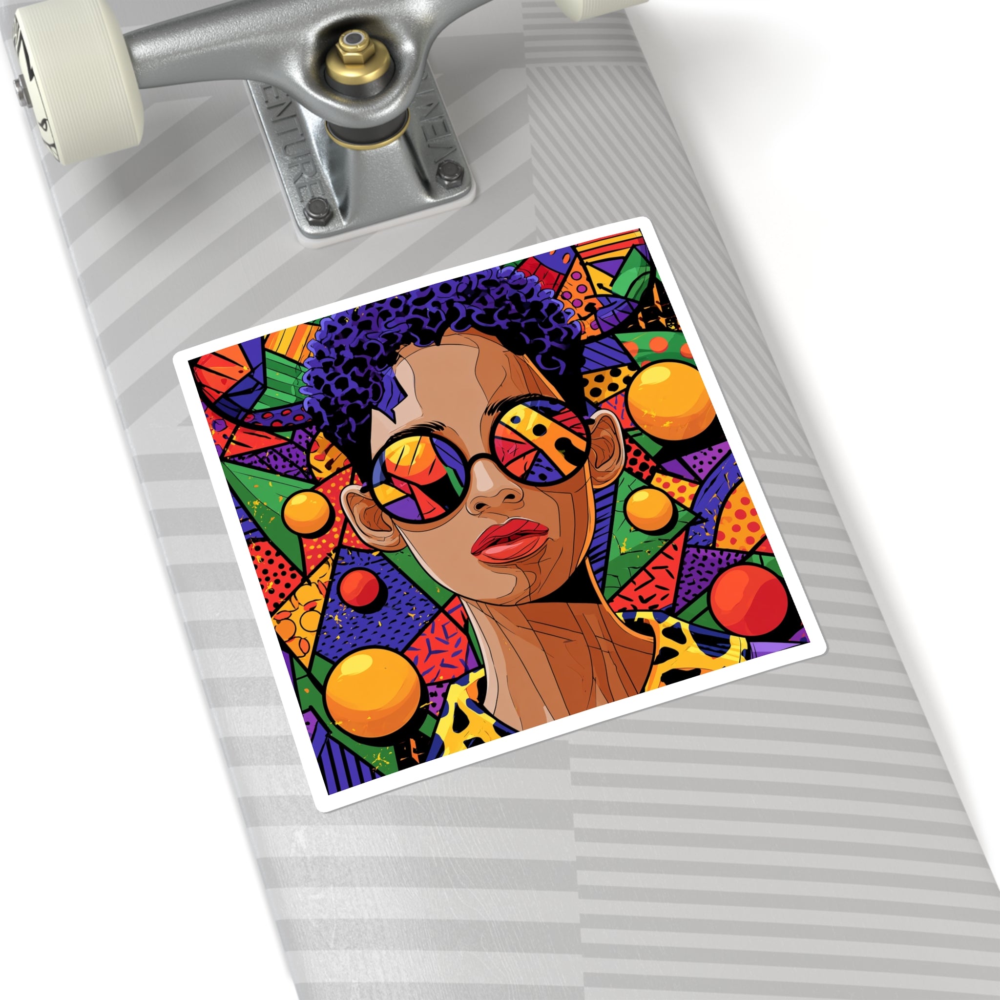 Vibrant Afro Pop Art Square Sticker — Colorful Retro Woman with Sunglasses