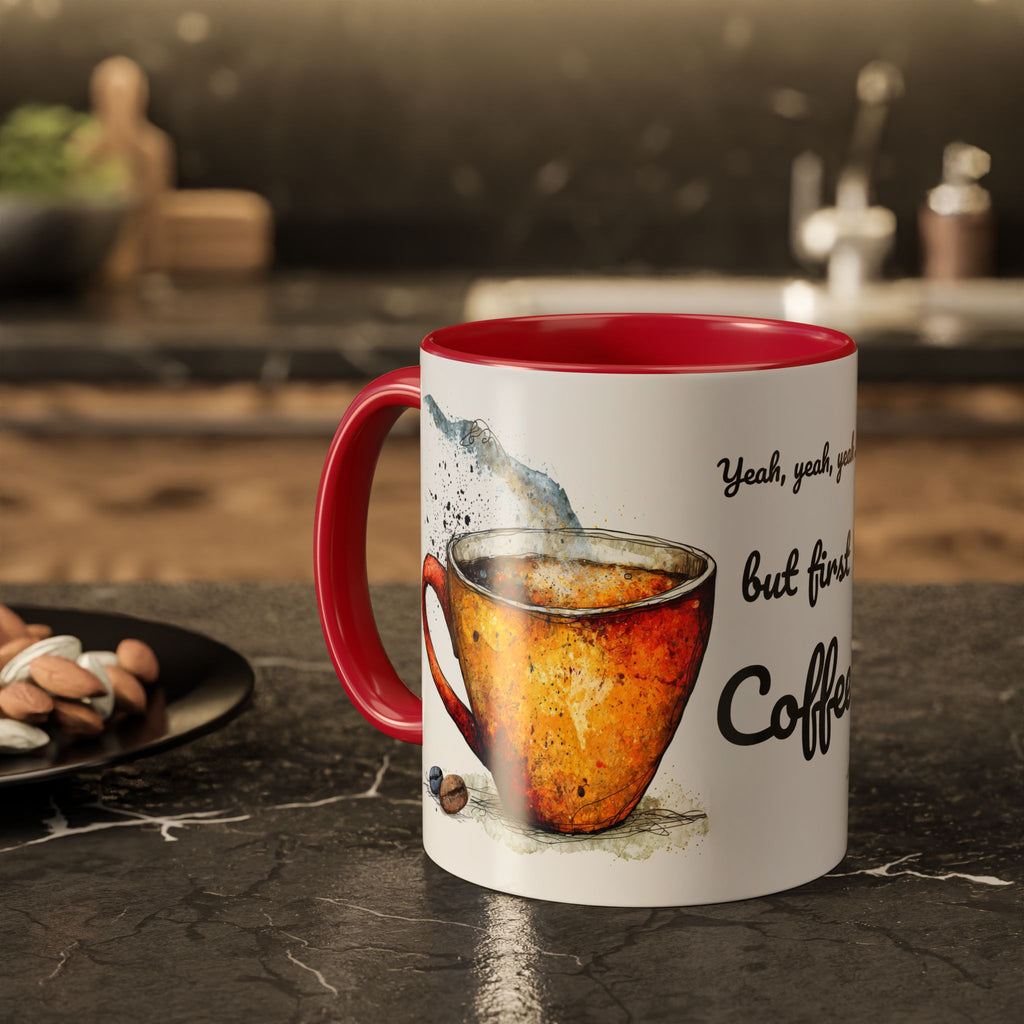 But First Coffee Ceramic Mug — Colorful Watercolor Coffee Cups (11oz & 15oz)