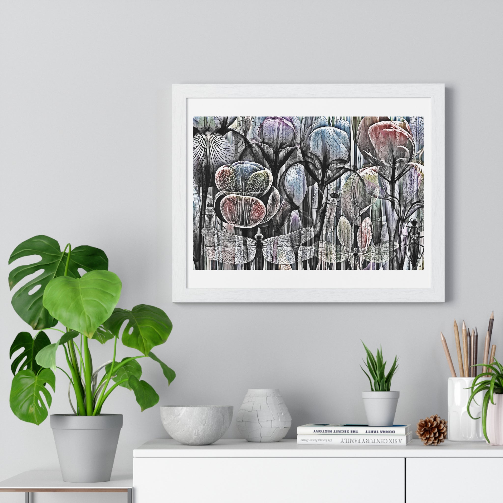 Framed Poster — Dreamy Botanical Dragonfly Art Print