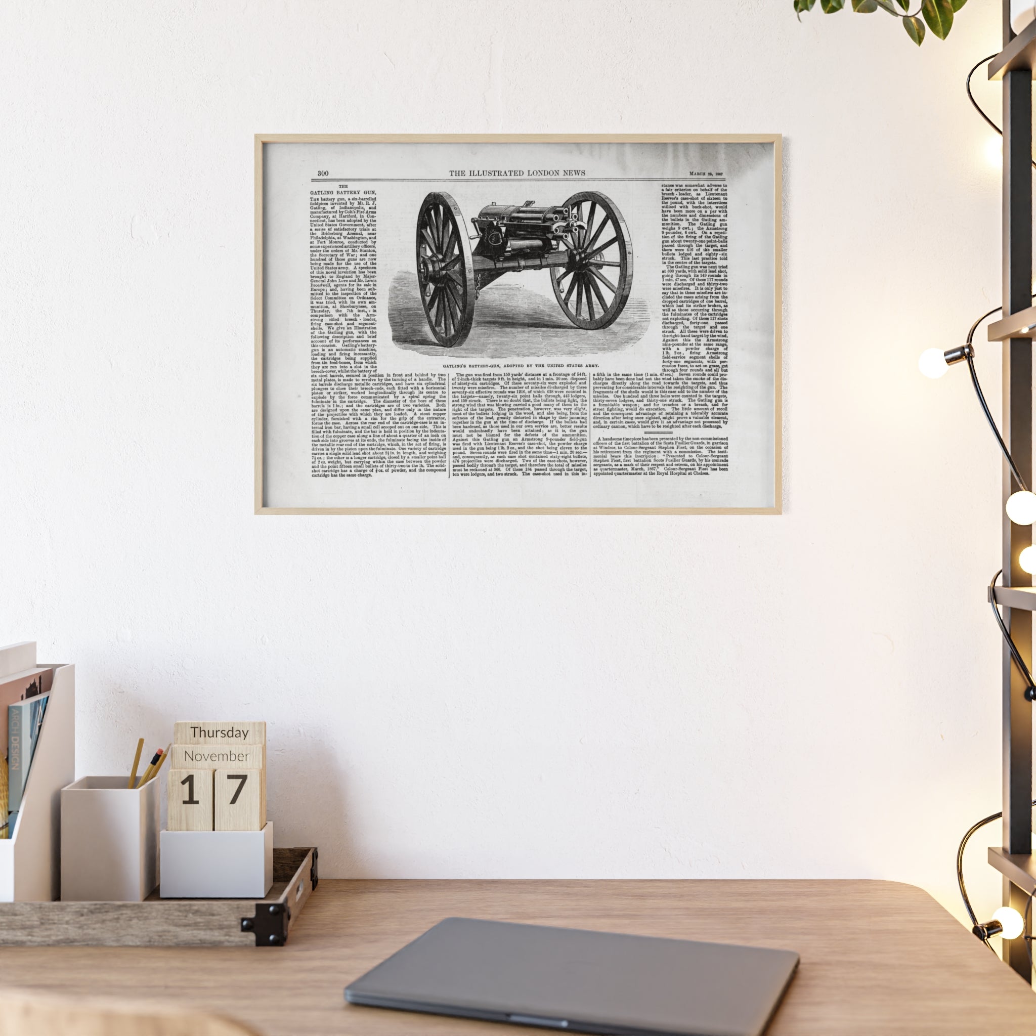 GATLING'S Battery-Gun, adopted by the United States Army. Vintage Cannon Patent Poster with Wooden Frame – Antique Engineering Print