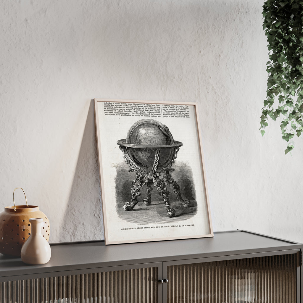 Astronomical Clock made for the Emperor RUDOLPH II, of Germany. Vintage Globe Illustration Poster with Wooden Frame — Antique Map Print