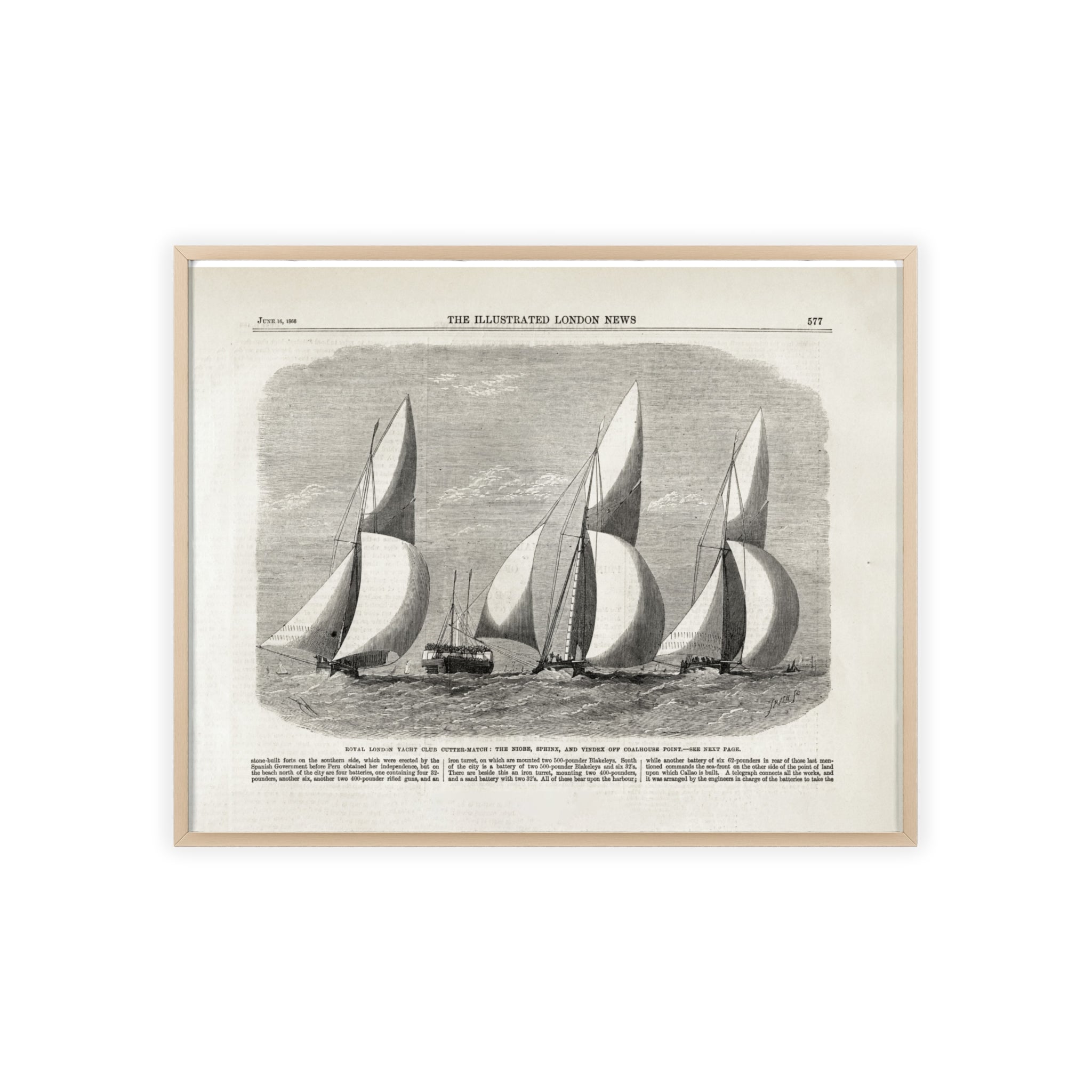 Royal London Yacht Club Cutter-Match. Vintage Sailing Print Poster with Wooden Frame — Nautical Wall Art