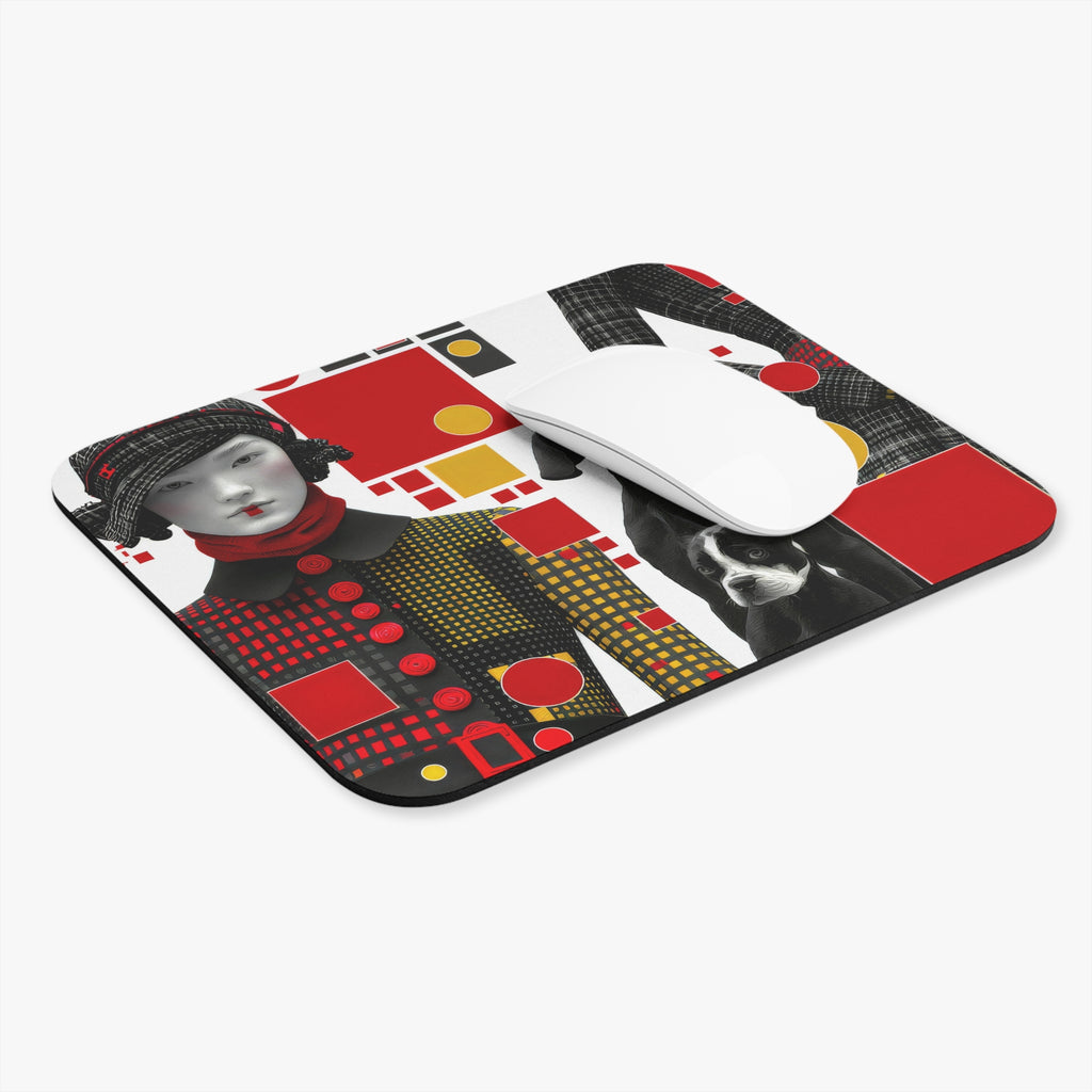 Retro Chic Mouse Pad — Mod Geometric Art with Fashion Doll & Dogs