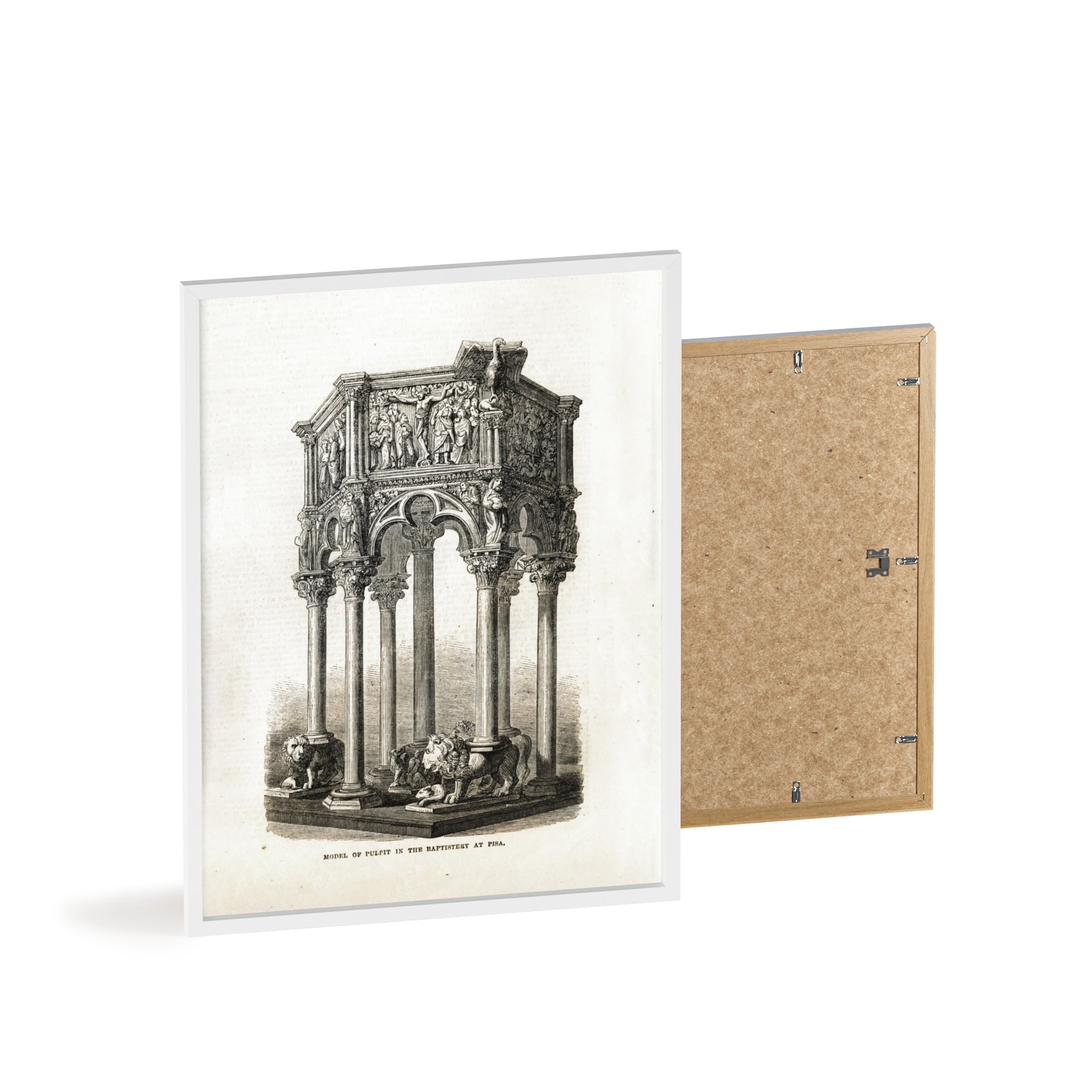 Model of Pulpit in the Baptistery at PISA. Antique Architectural Print Poster — Gothic Baptistery Illustration in Wooden Frame