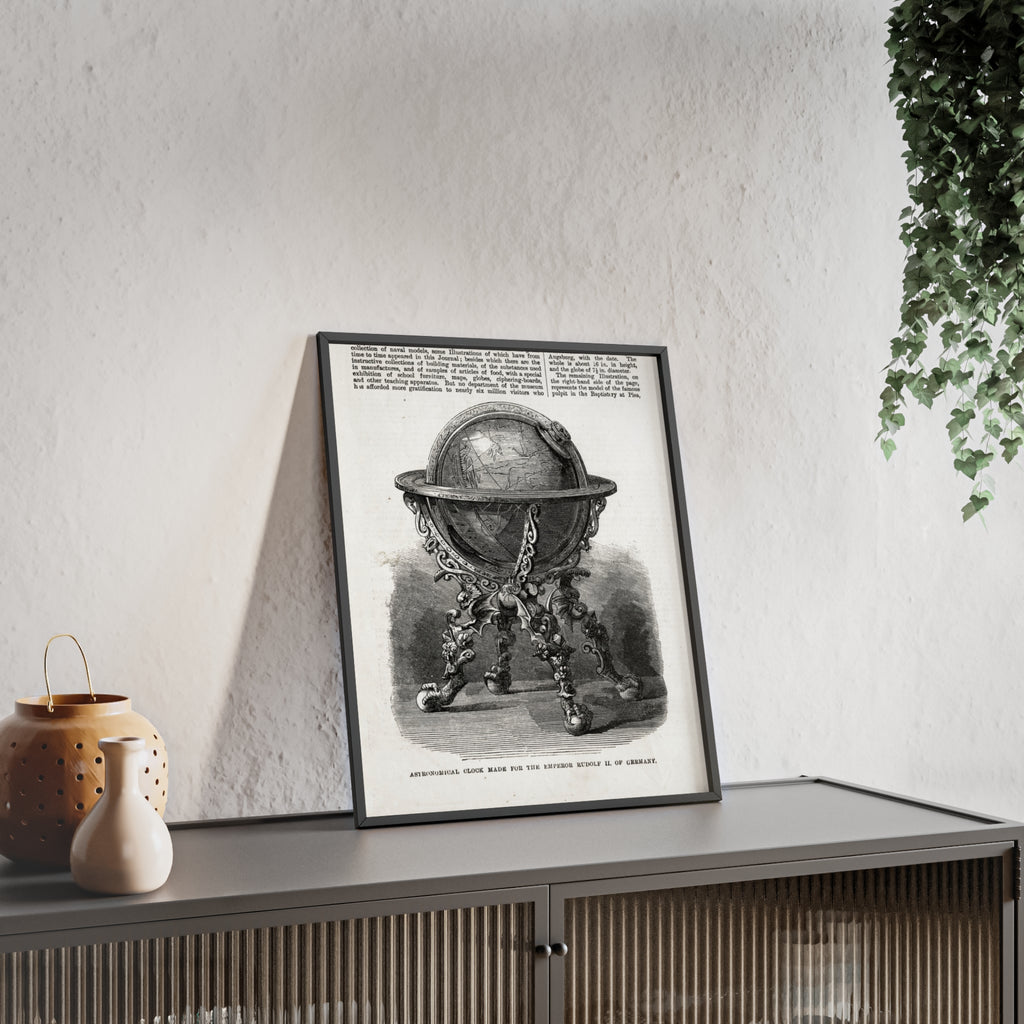 Astronomical Clock made for the Emperor RUDOLPH II, of Germany. Vintage Globe Illustration Poster with Wooden Frame — Antique Map Print