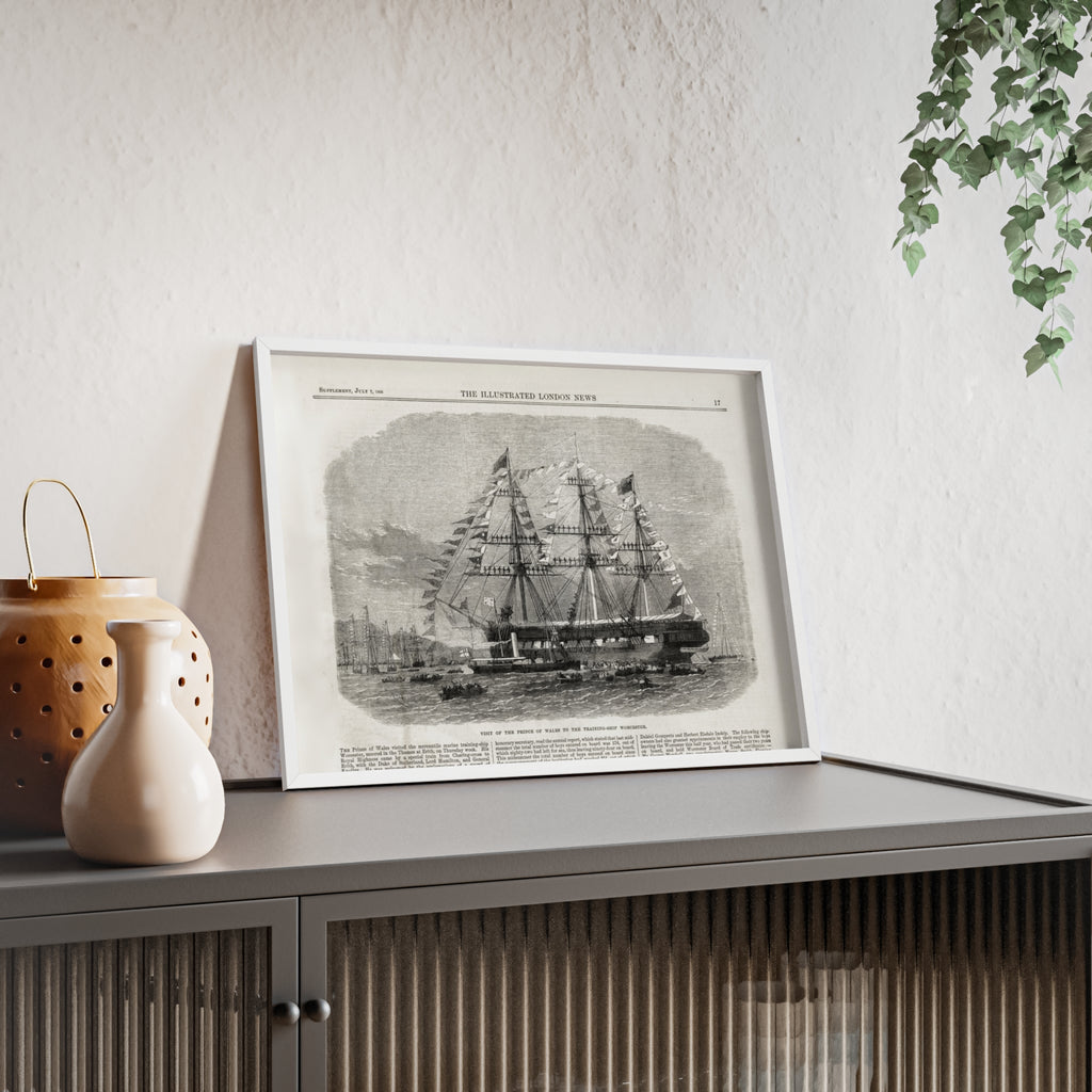 Visit of the Prince of Wales to the Training-Ship Worcester. Framed Vintage Sailing Ship Poster — Nautical Wall Art with Wooden Frame