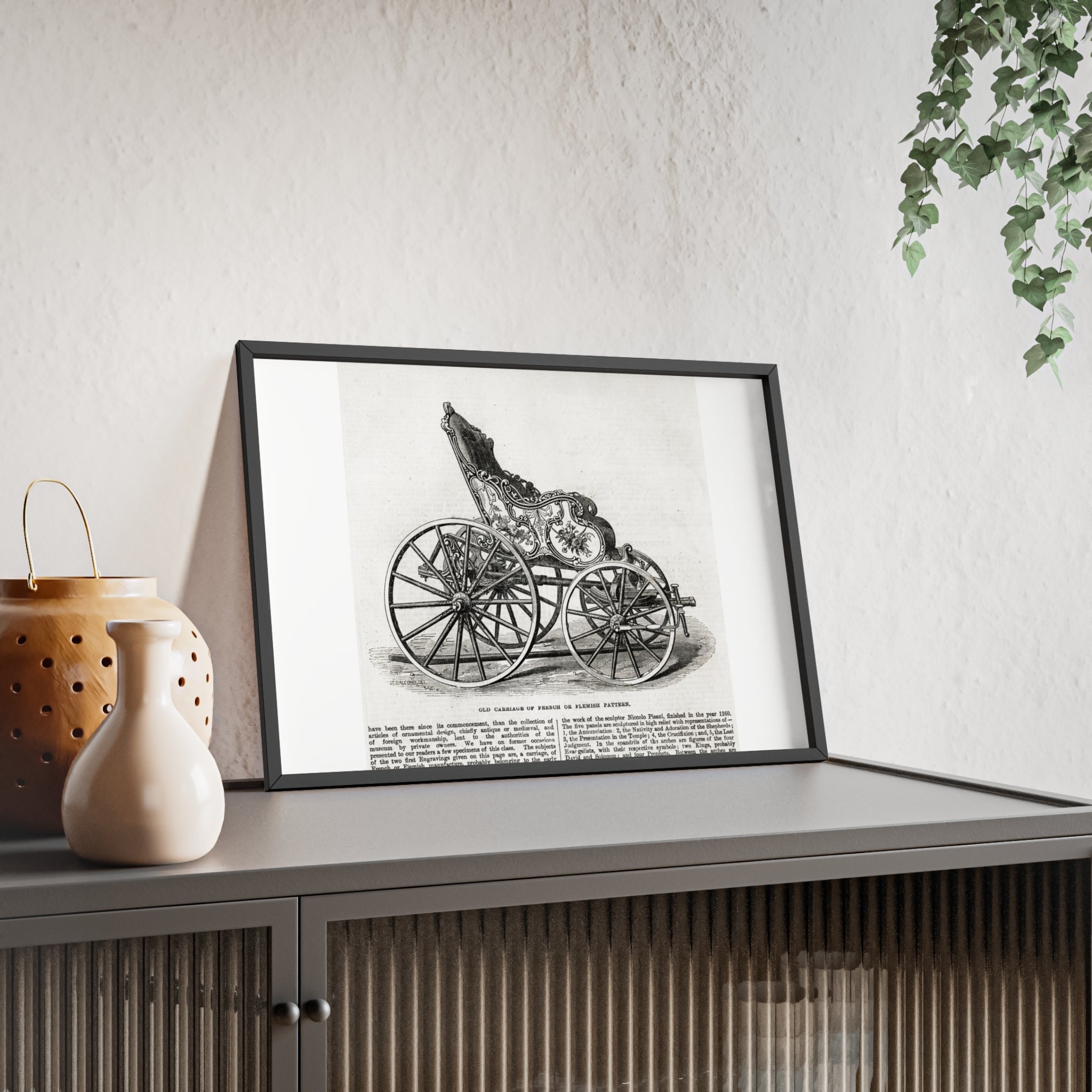 Old Carriage of French or Flemish Pattern. Vintage Carriage Print Poster with Wooden Frame — Antique Transportation Wall Art