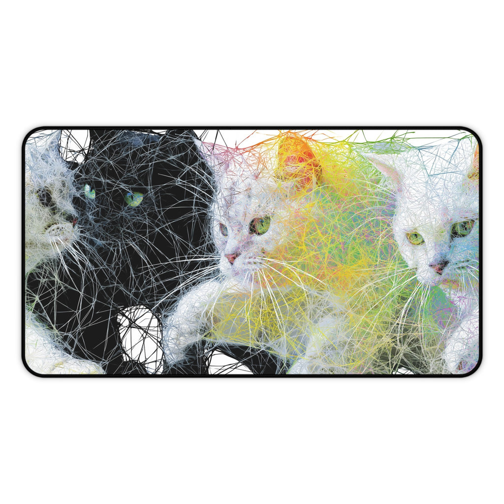 Cat Trio Abstract Art Desk Mat — Colorful Whisker Wave Mouse Pad