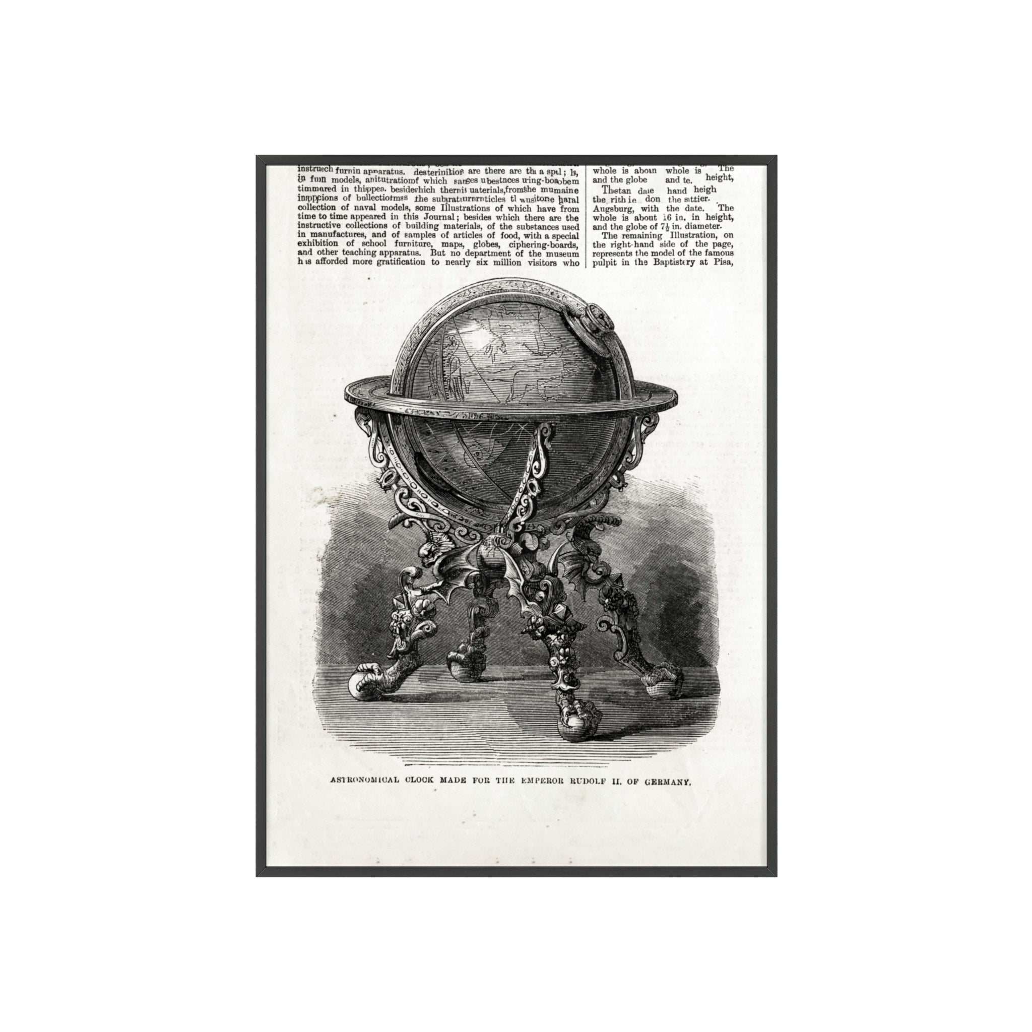Astronomical Clock made for the Emperor RUDOLPH II, of Germany. Vintage Globe Illustration Poster with Wooden Frame — Antique Map Print