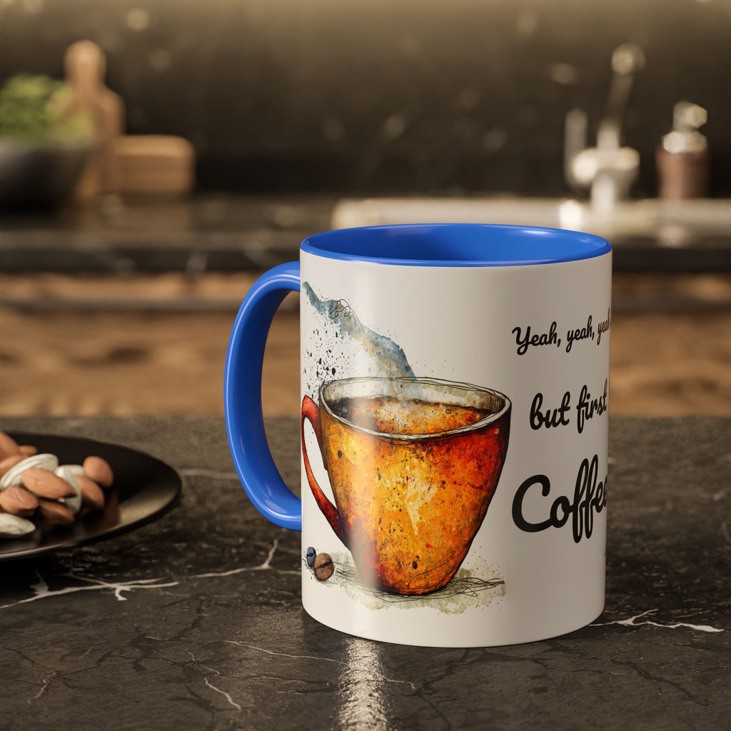 But First Coffee Ceramic Mug — Colorful Watercolor Coffee Cups (11oz & 15oz)