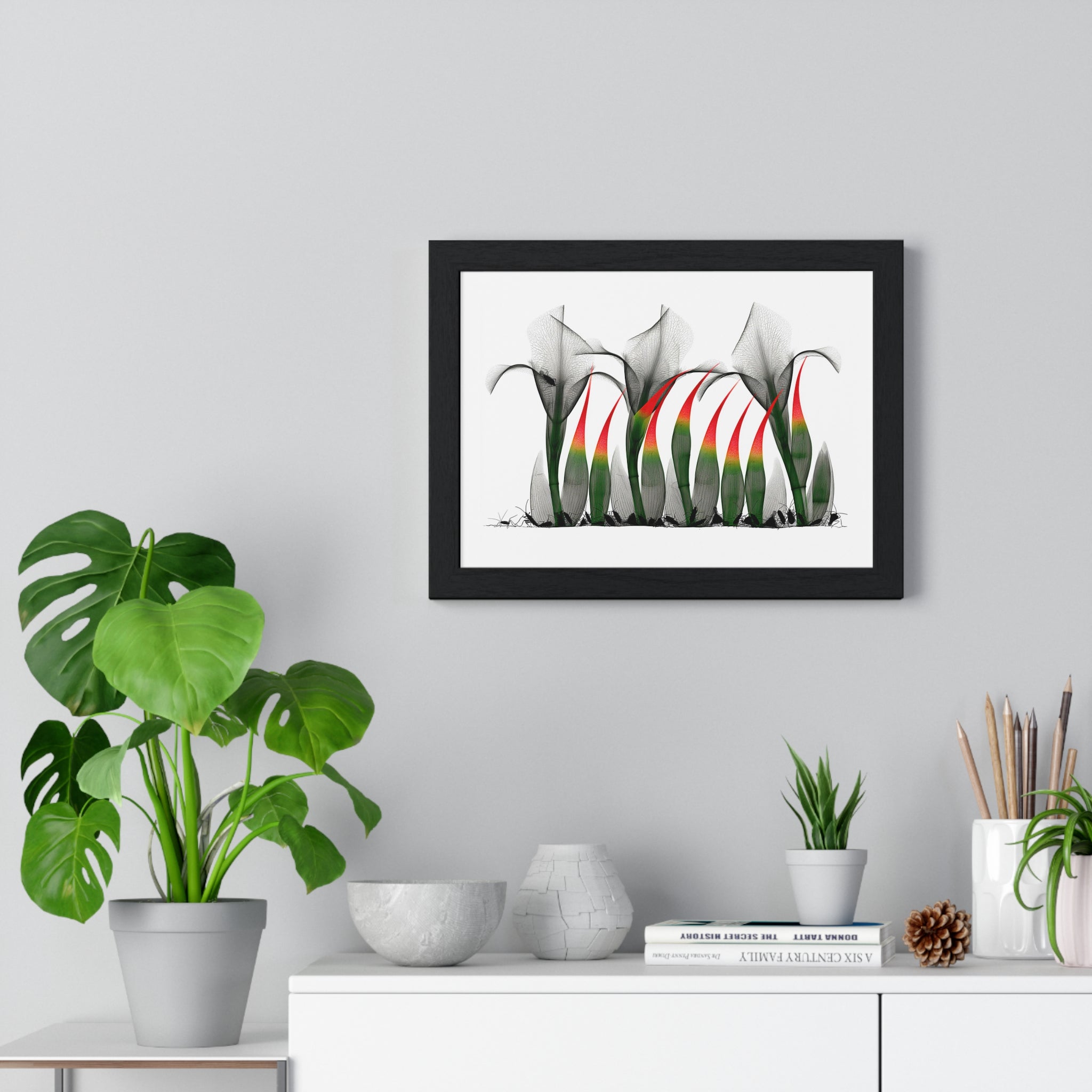 Framed Poster - Abstract Botanical Calla Lily Art with Red & Green Accents