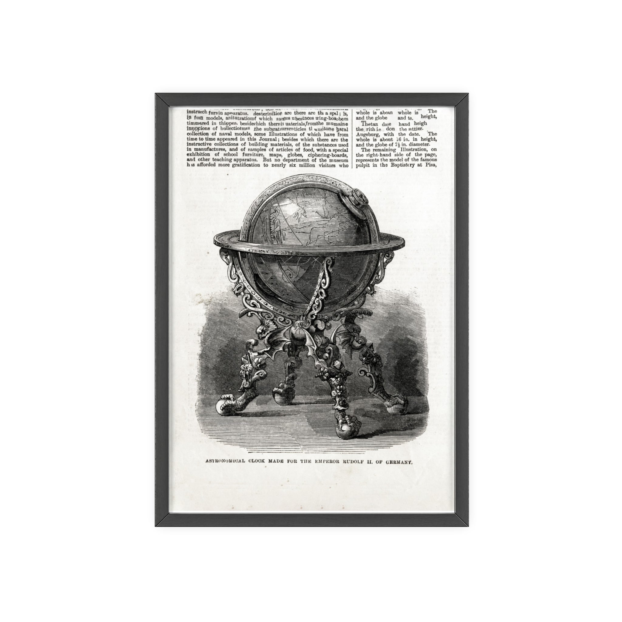 Astronomical Clock made for the Emperor RUDOLPH II, of Germany. Vintage Globe Illustration Poster with Wooden Frame — Antique Map Print