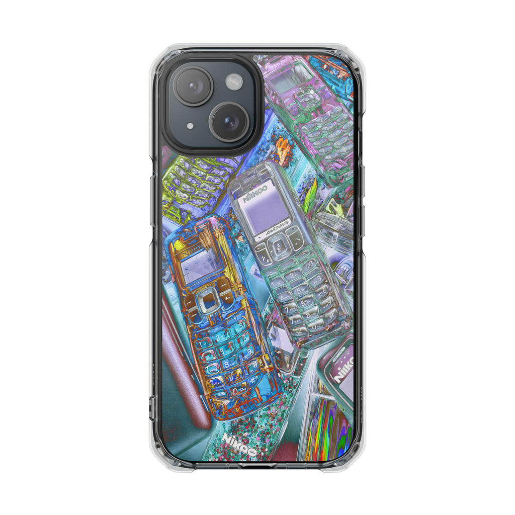 Holographic Retro Phone Case — Clear Magnetic Impact Case with Vintage Cellphone Collage