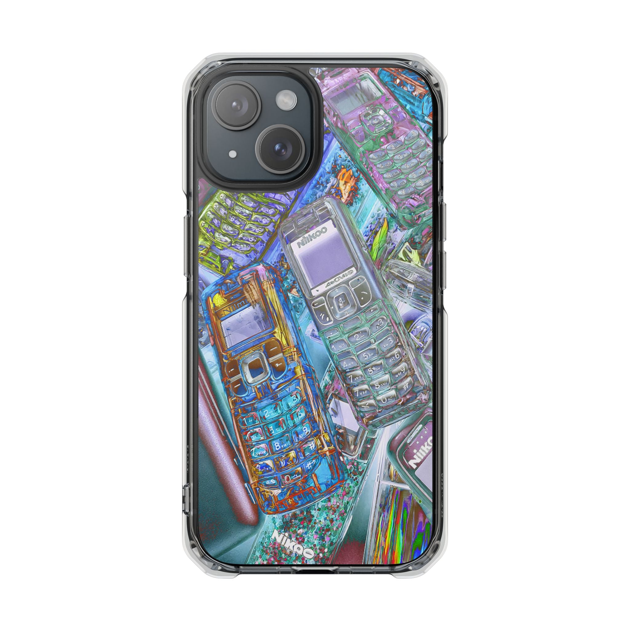 Holographic Retro Phone Case — Clear Magnetic Impact Case with Vintage Cellphone Collage