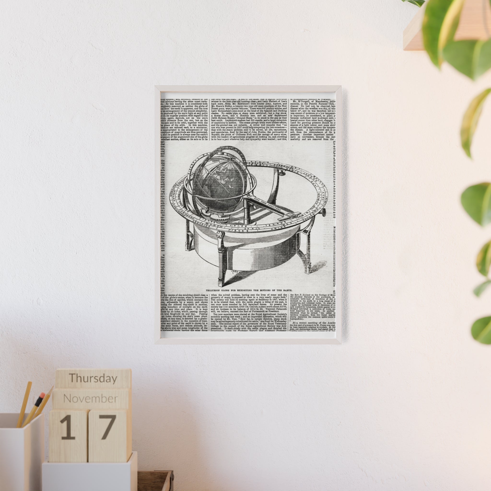 TELLURION GLOBE for Exhibiting the Motions of the Earth. Vintage Celestial Globe Poster with Wooden Frame — Antique Astronomy Wall Art