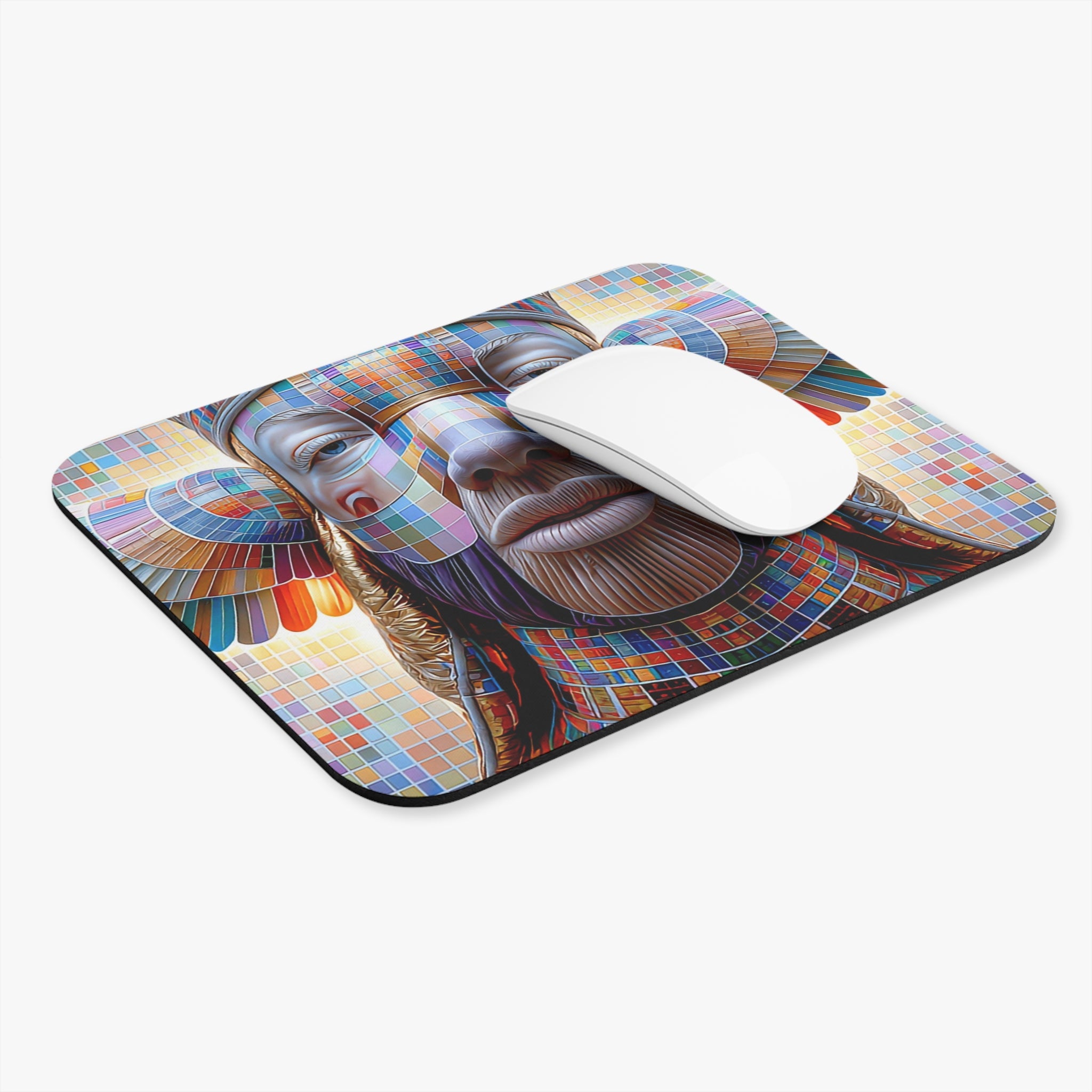 Color Mosaic Tribal Face Mouse Pad — Vibrant Geometric Desk Mat