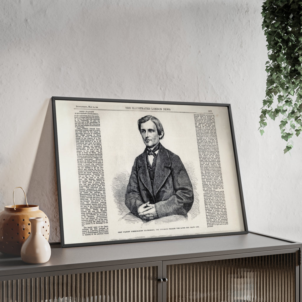Portrait of Ossip Ivanoff the peasant who saved the Czar's Life. Vintage Newspaper Print Poster with Wooden Frame
