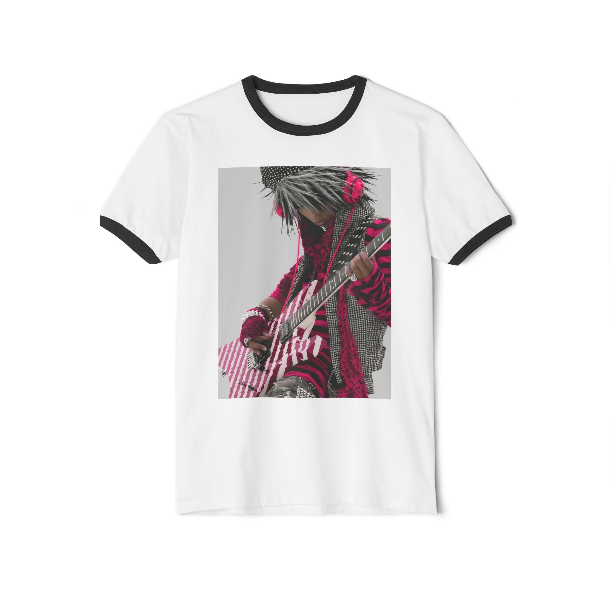 Retro Rock Guitarist Ringer T-Shirt — Pink Striped Electric Guitar Graphic