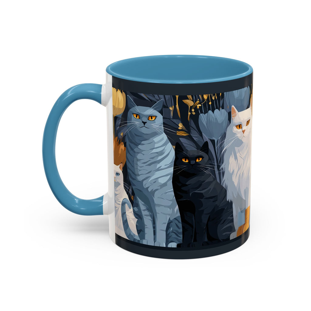 Cat Pattern Accent Coffee Mug — Illustrated Cats Floral Night Design (11/15oz)