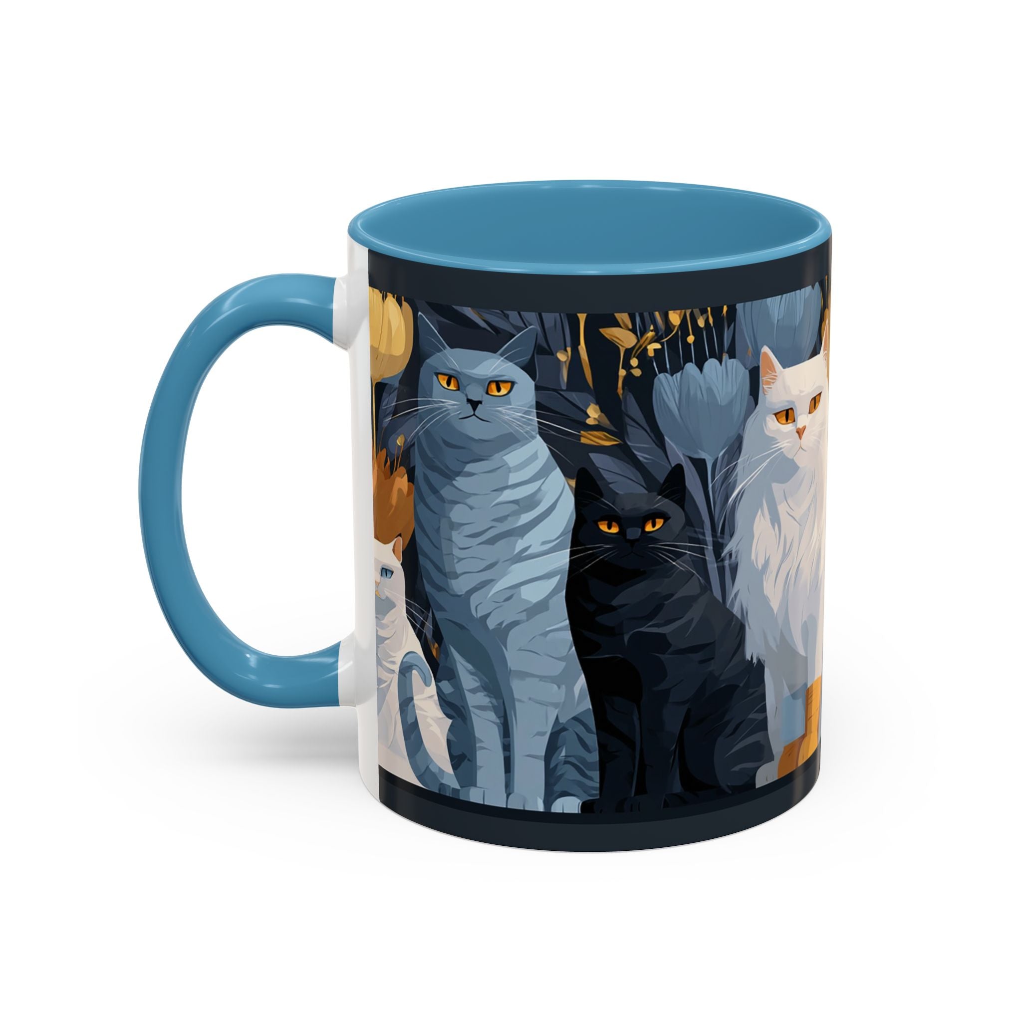 Cat Pattern Accent Coffee Mug — Illustrated Cats Floral Night Design (11/15oz)
