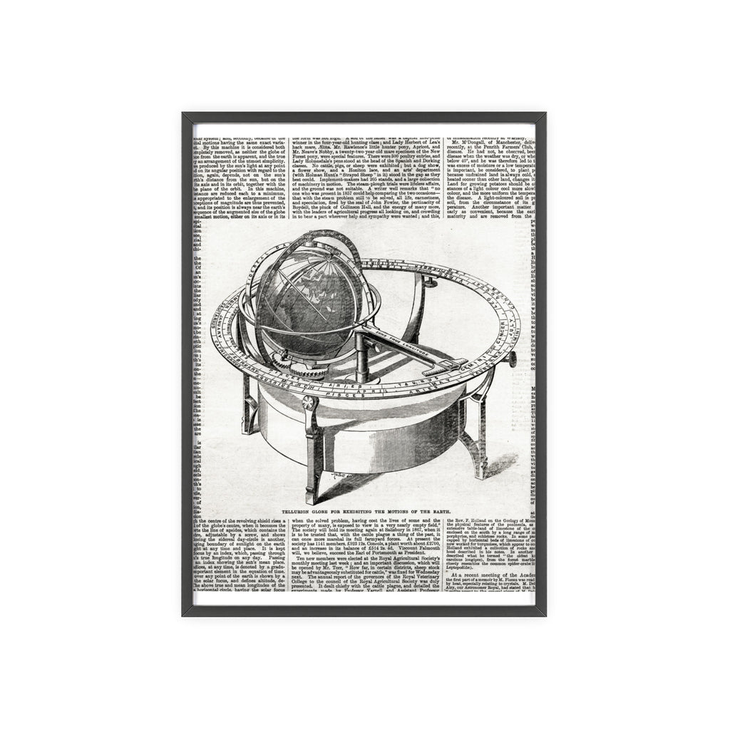 TELLURION GLOBE for Exhibiting the Motions of the Earth. Vintage Celestial Globe Poster with Wooden Frame — Antique Astronomy Wall Art