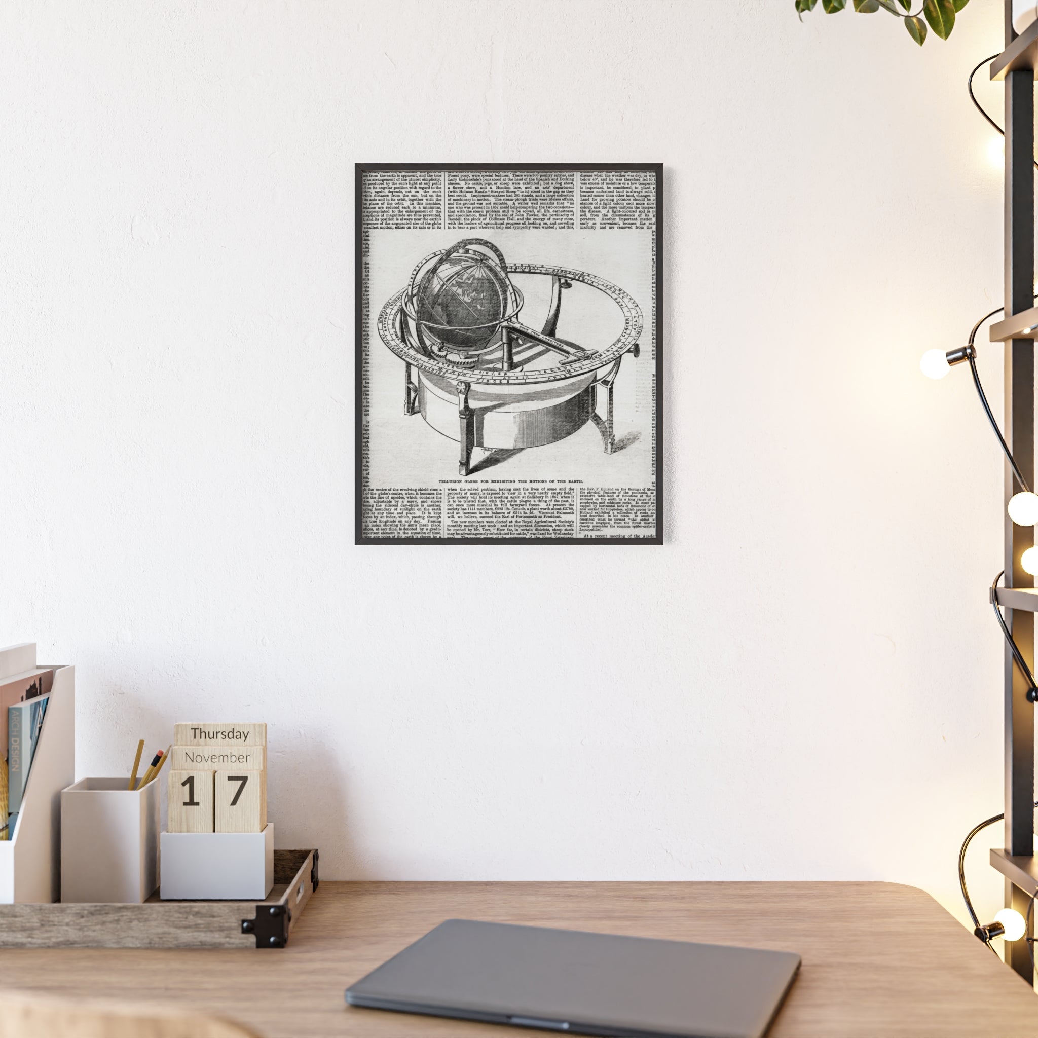 TELLURION GLOBE for Exhibiting the Motions of the Earth. Vintage Celestial Globe Poster with Wooden Frame — Antique Astronomy Wall Art