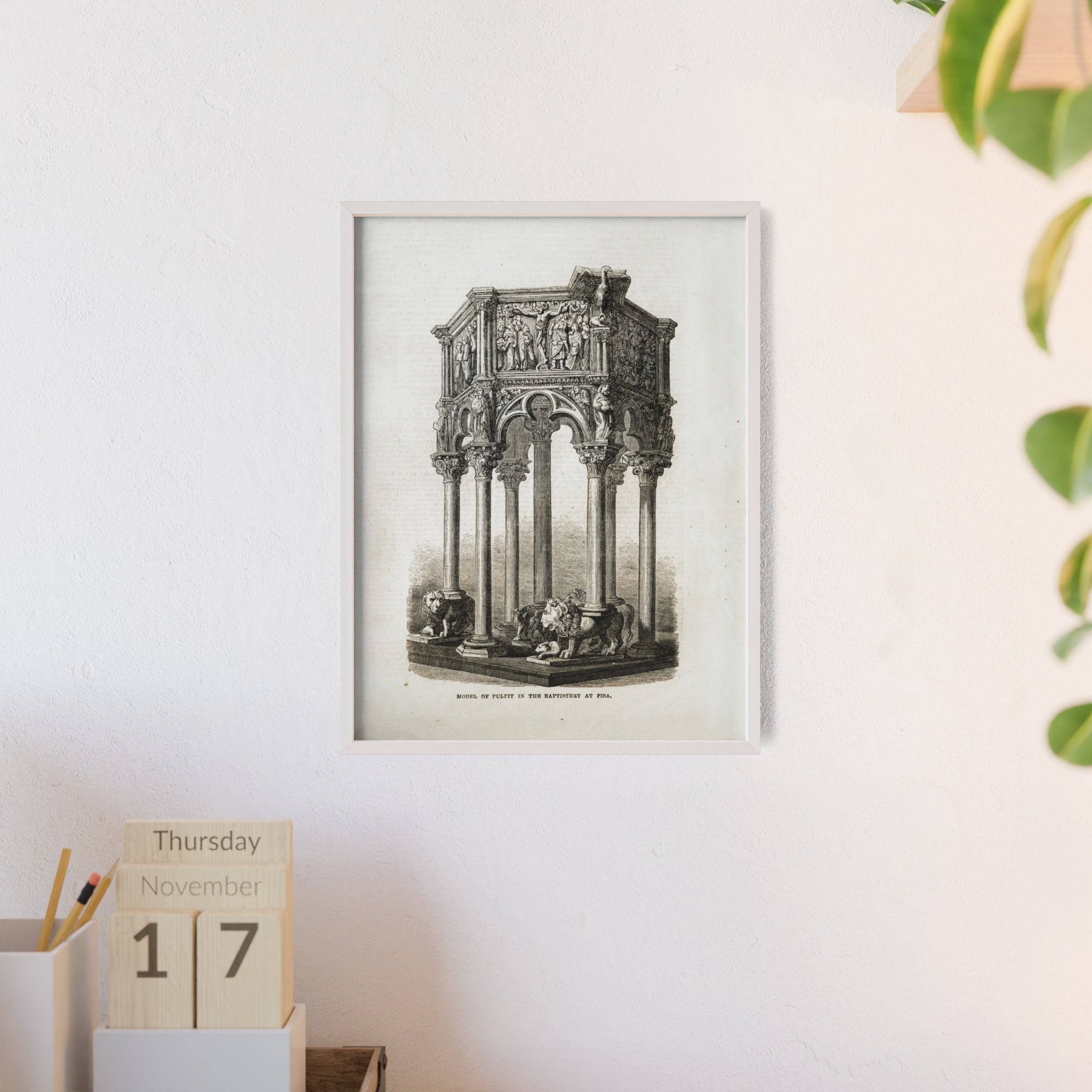 Model of Pulpit in the Baptistery at PISA. Antique Architectural Print Poster — Gothic Baptistery Illustration in Wooden Frame