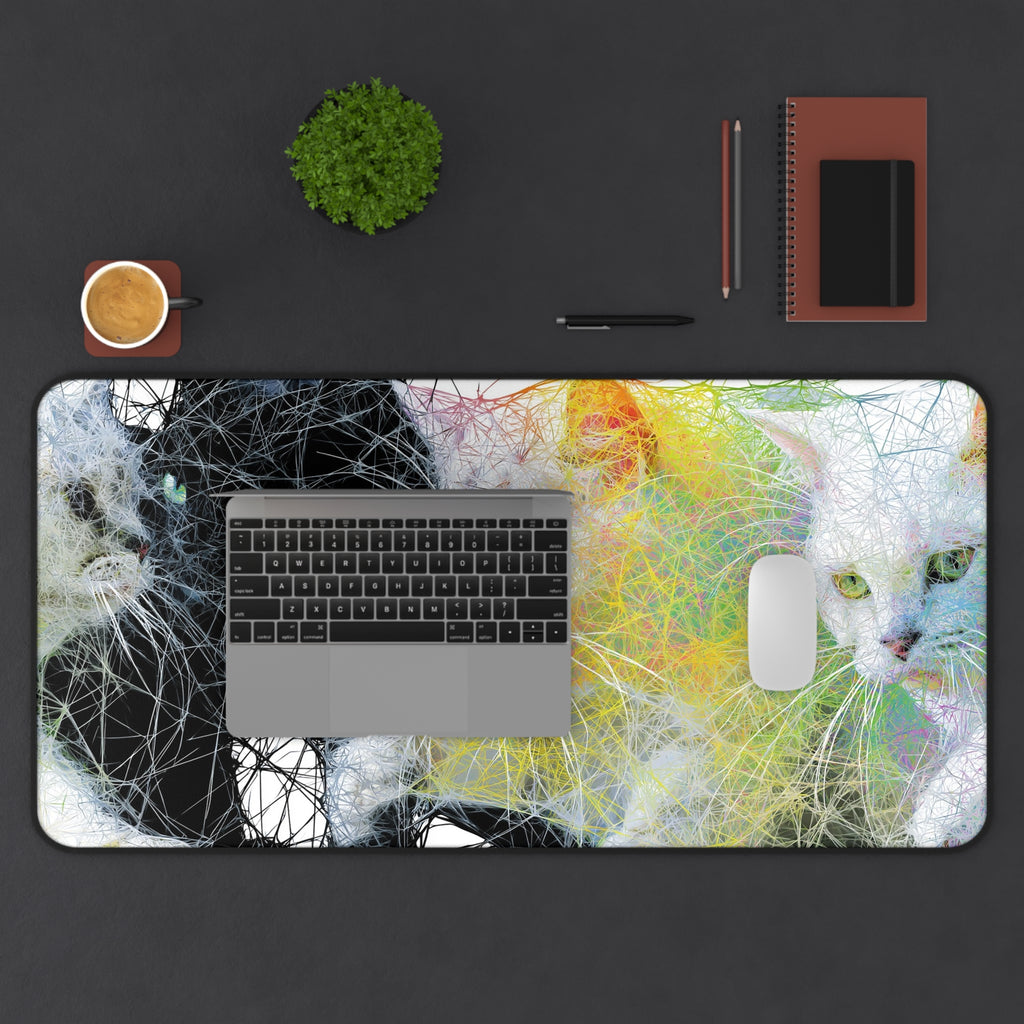 Cat Trio Abstract Art Desk Mat — Colorful Whisker Wave Mouse Pad