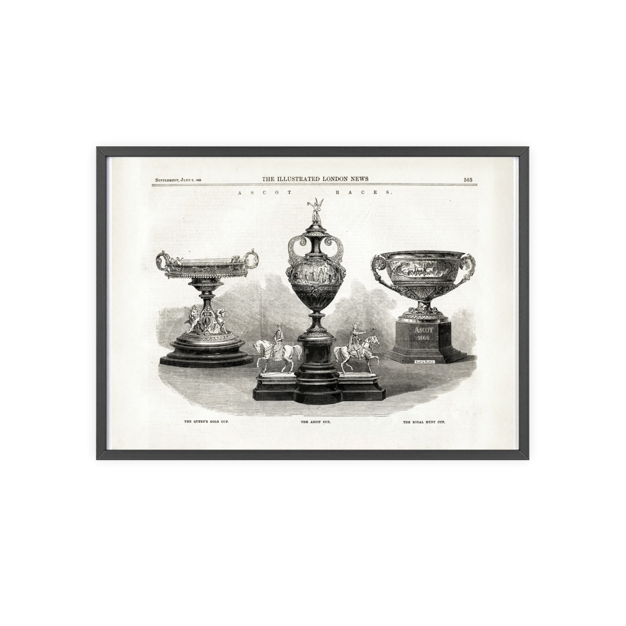 The ASCOT Races. Vintage Trophy Engraving Poster with Wooden Frame