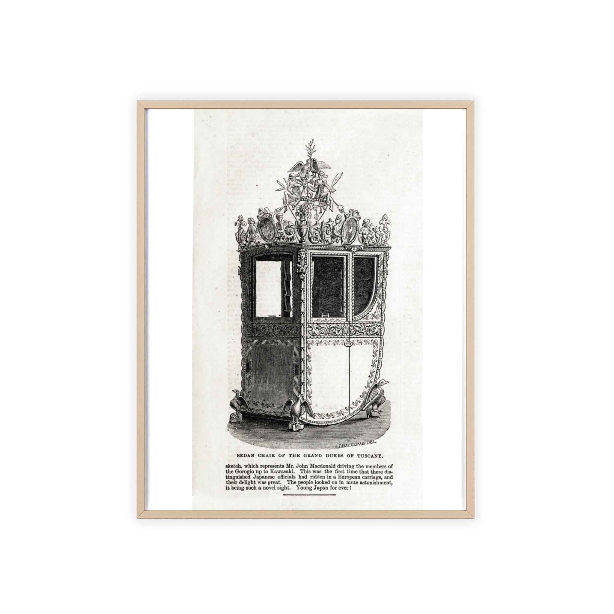Chair of the GRAND DUKES of TUSCANY. Antique Carriage Print Poster with Wooden Frame — Vintage Engraving Wall Art