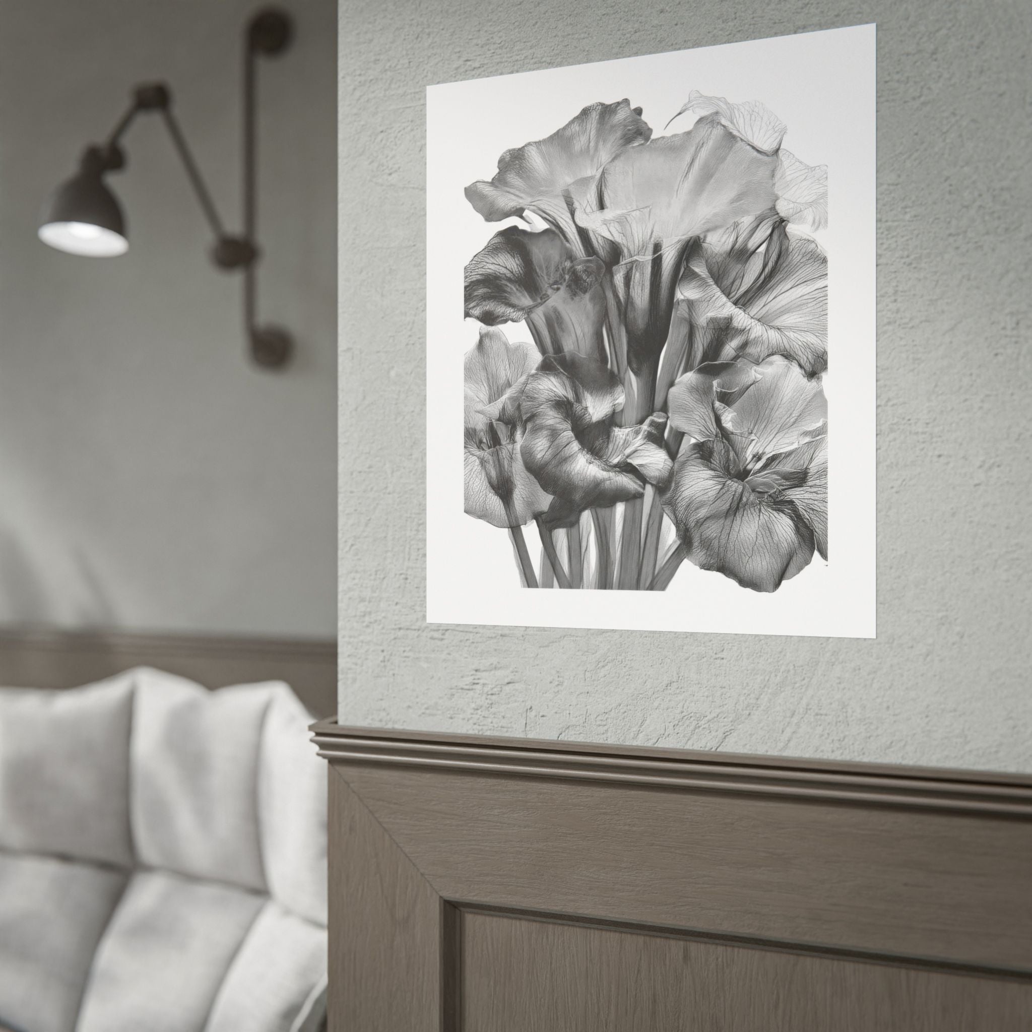 Black & White Iris Botanical Poster — Monochrome Floral Wall Art (Rolled Poster)