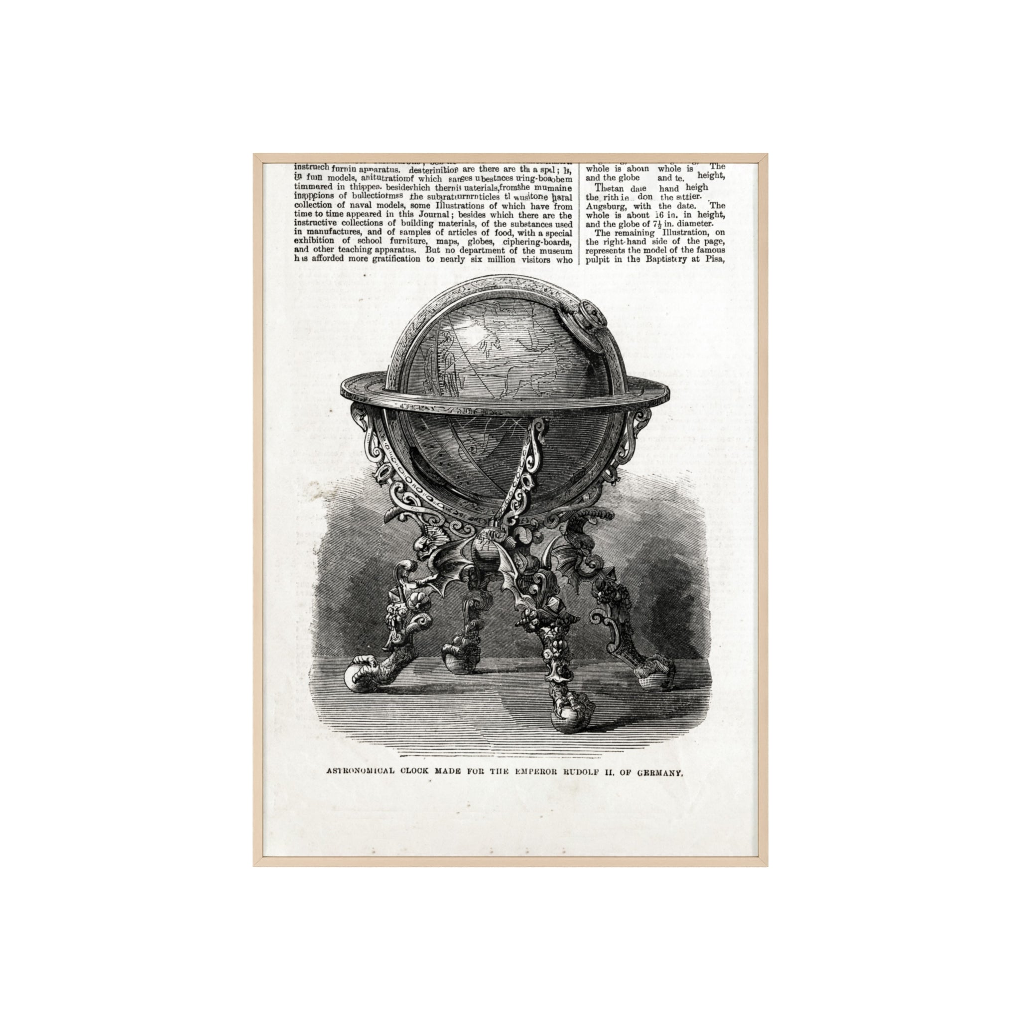 Astronomical Clock made for the Emperor RUDOLPH II, of Germany. Vintage Globe Illustration Poster with Wooden Frame — Antique Map Print