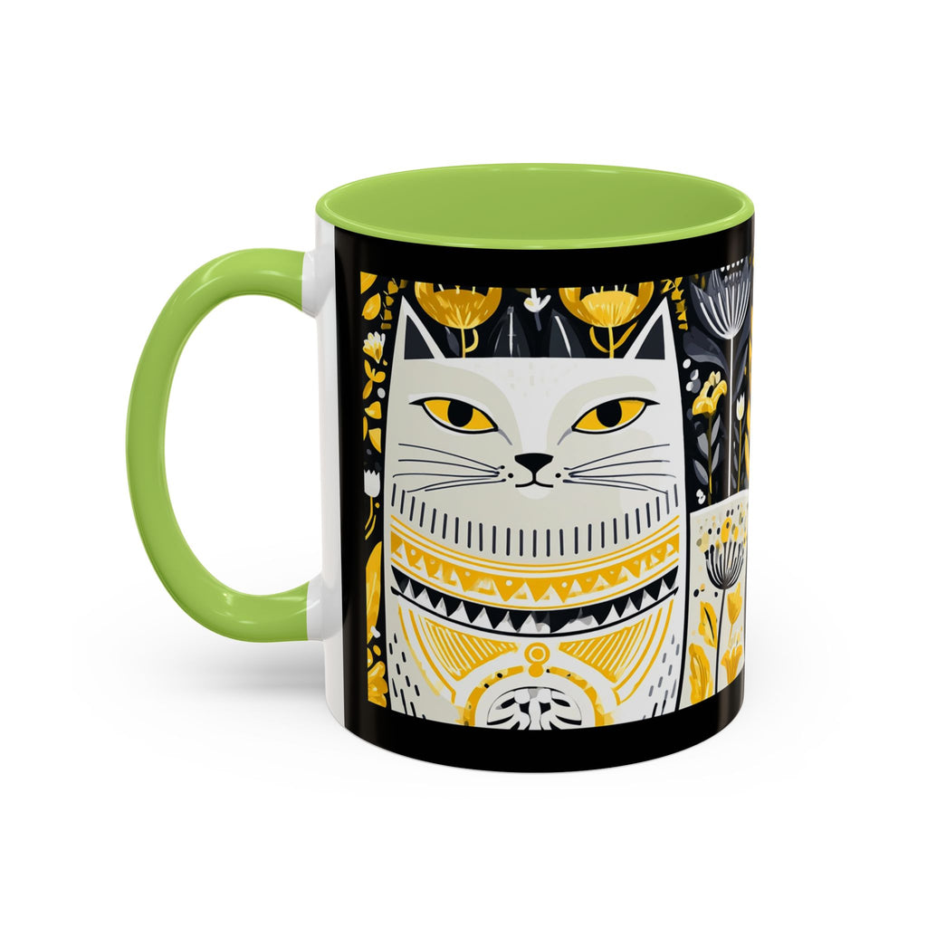 Black & Gold Cat Floral Coffee Mug — Whimsical Botanical Cat Accent Mug (11/15oz)