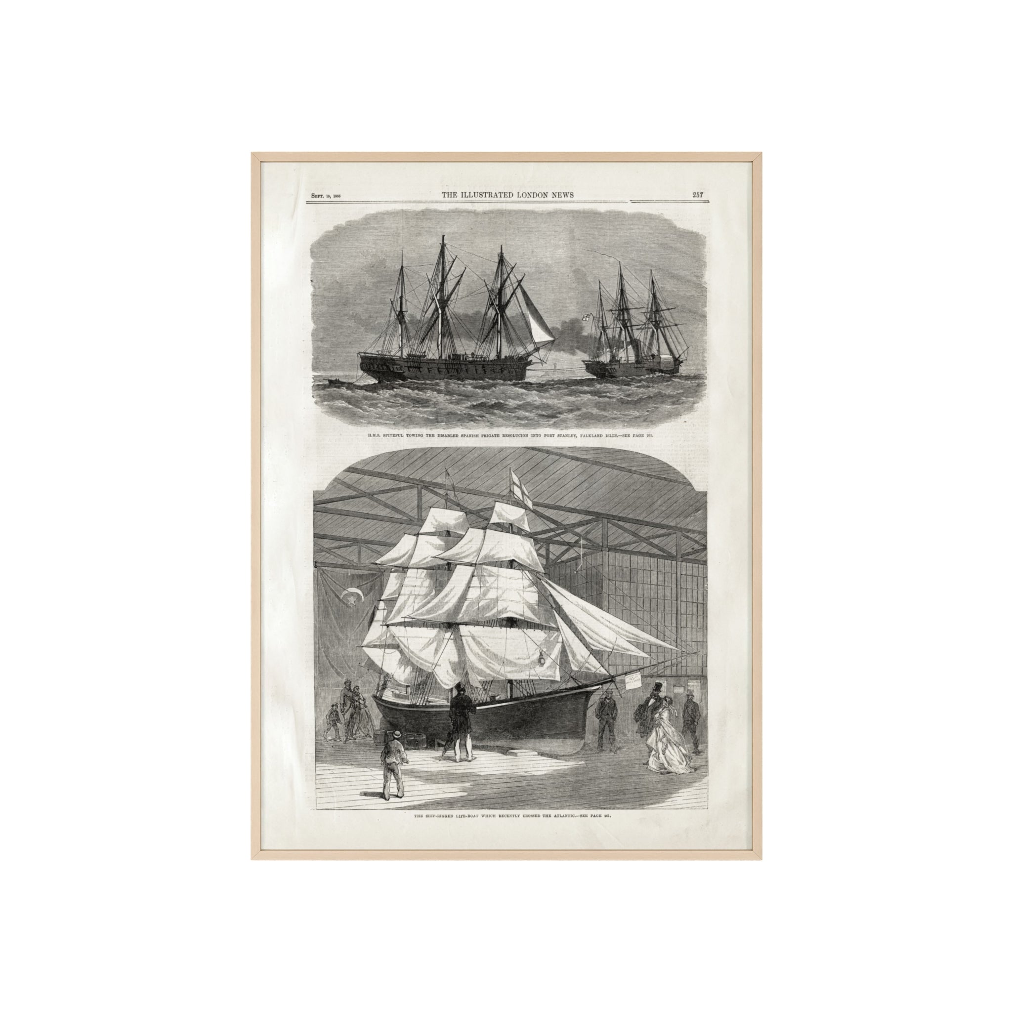 Vintage Nautical Ship Poster with Wooden Frame – Antique Sailing Print Wall Art