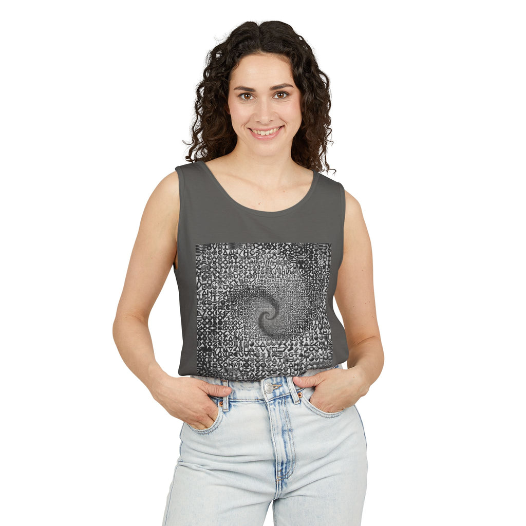Spiral Text Art Tank Top — Monochrome Optical Typography Tee