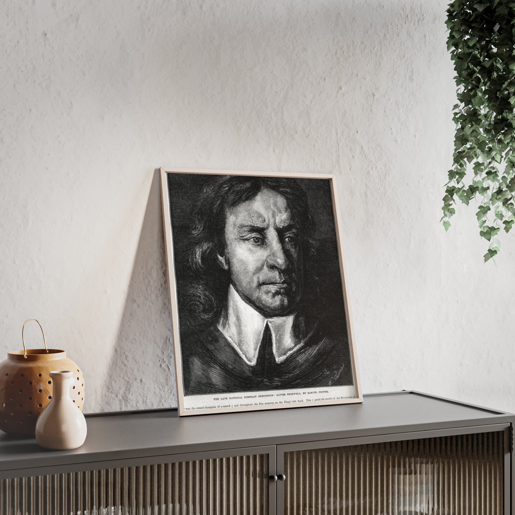 OLIVER CROMWELL. Historical Portrait Poster with Wooden Frame — Vintage Chalk-Style Print