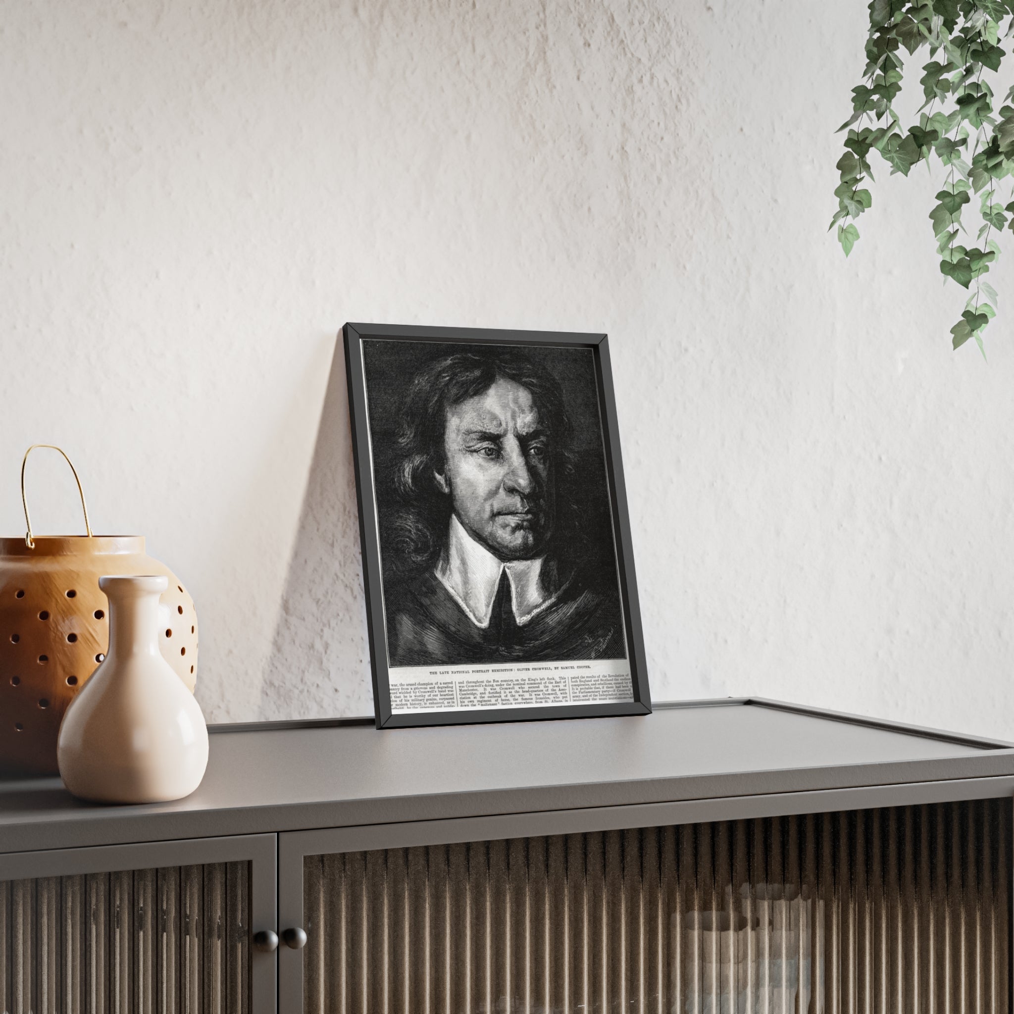 OLIVER CROMWELL. Historical Portrait Poster with Wooden Frame — Vintage Chalk-Style Print