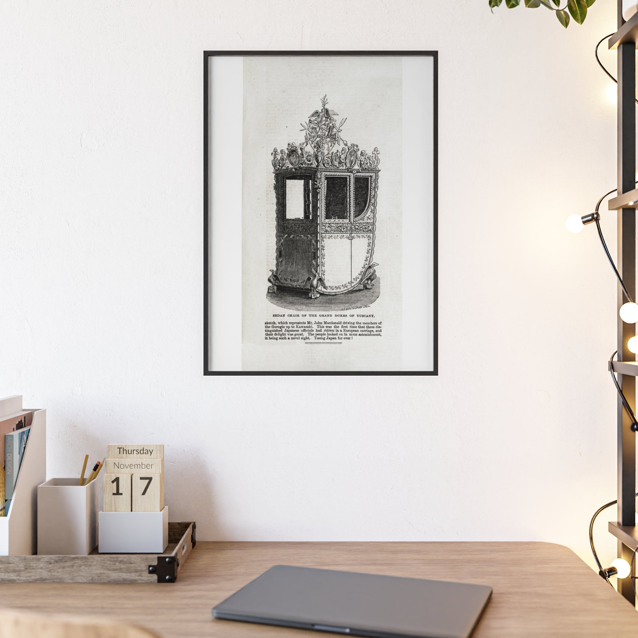 Chair of the GRAND DUKES of TUSCANY. Antique Carriage Print Poster with Wooden Frame — Vintage Engraving Wall Art