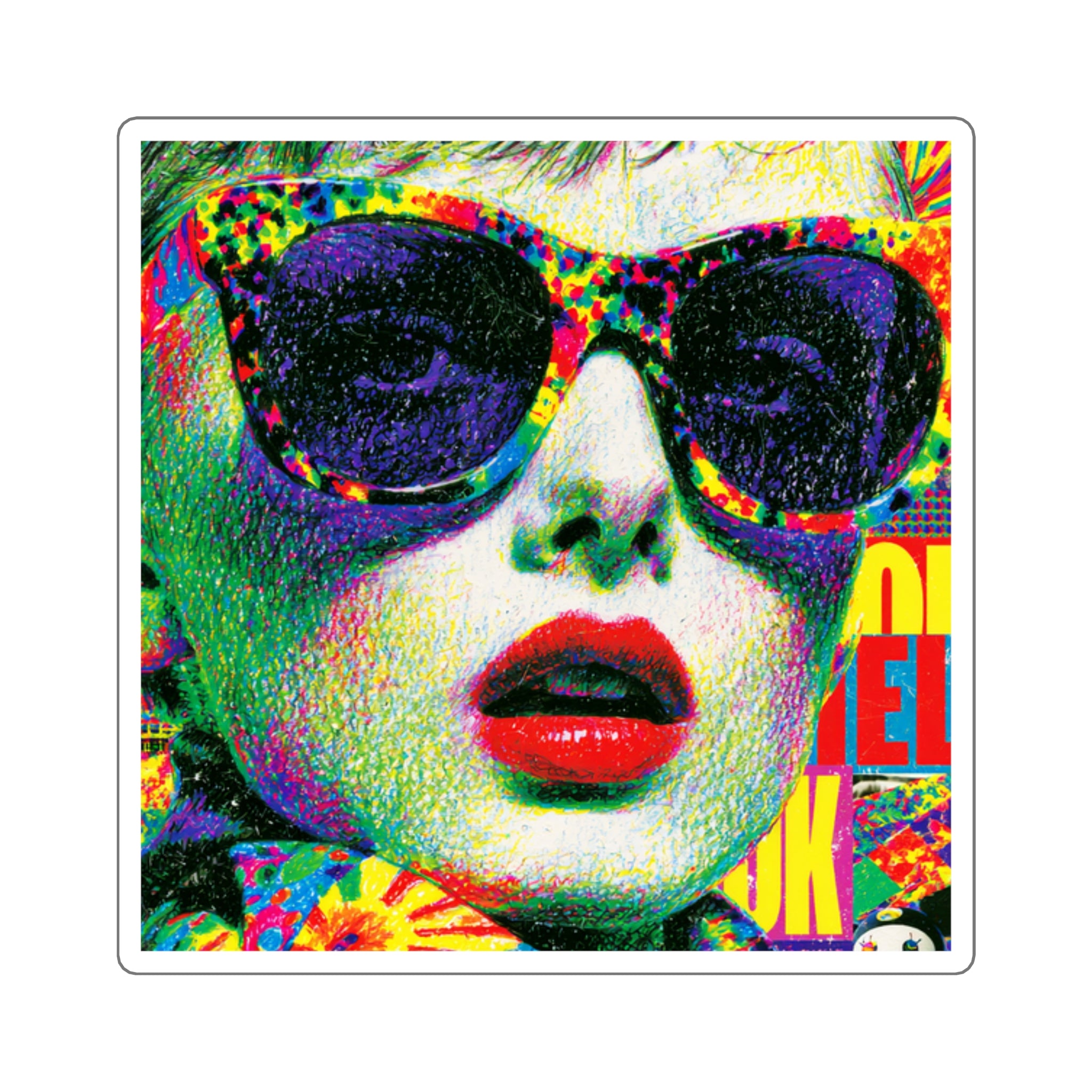 Pop Art Sunglasses Square Sticker — Colorful Retro Portrait Decal