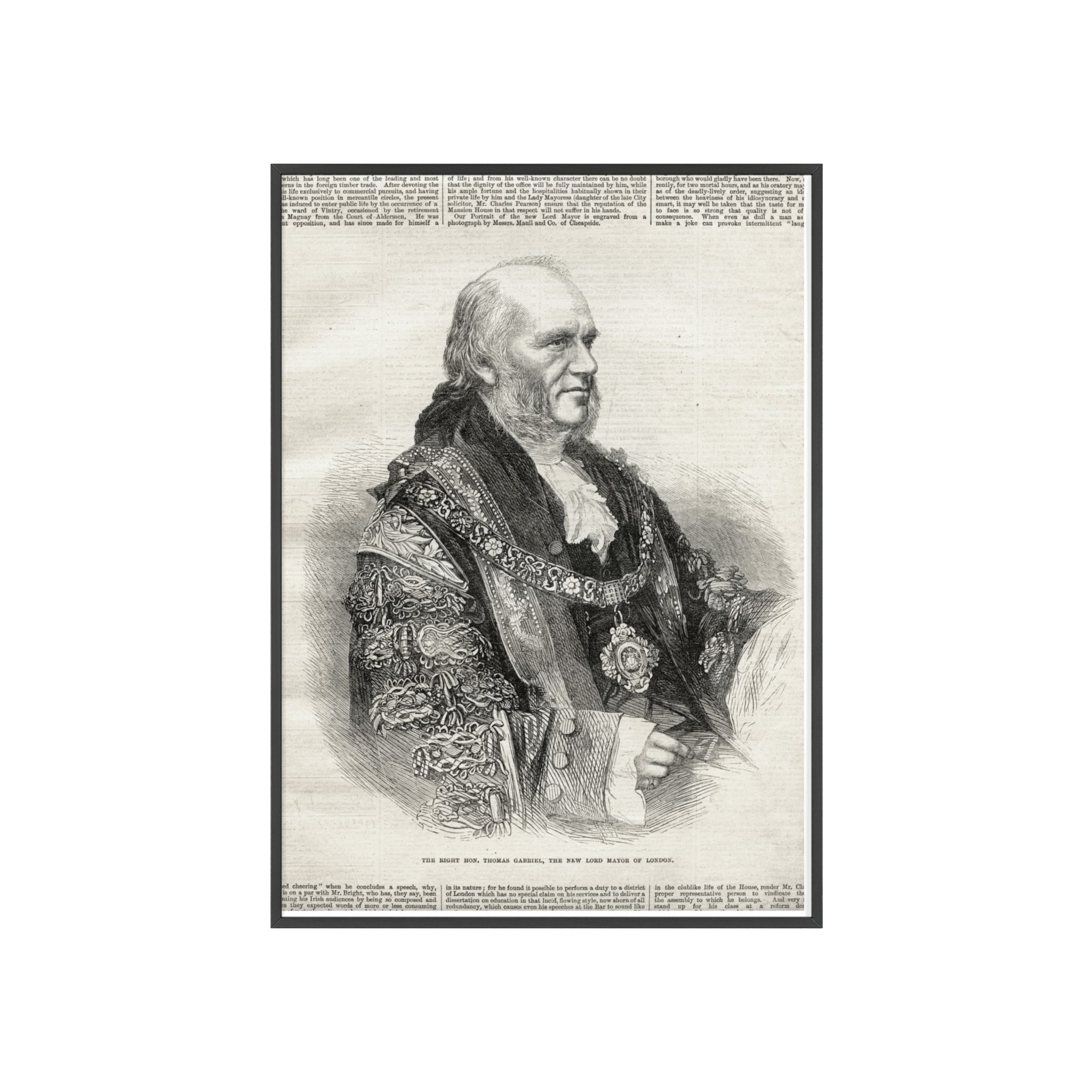 The Right Hon.Thomas Gabriel, the New Lord Mayor of London. Vintage Illustrated Statesman Poster with Black Wooden Frame