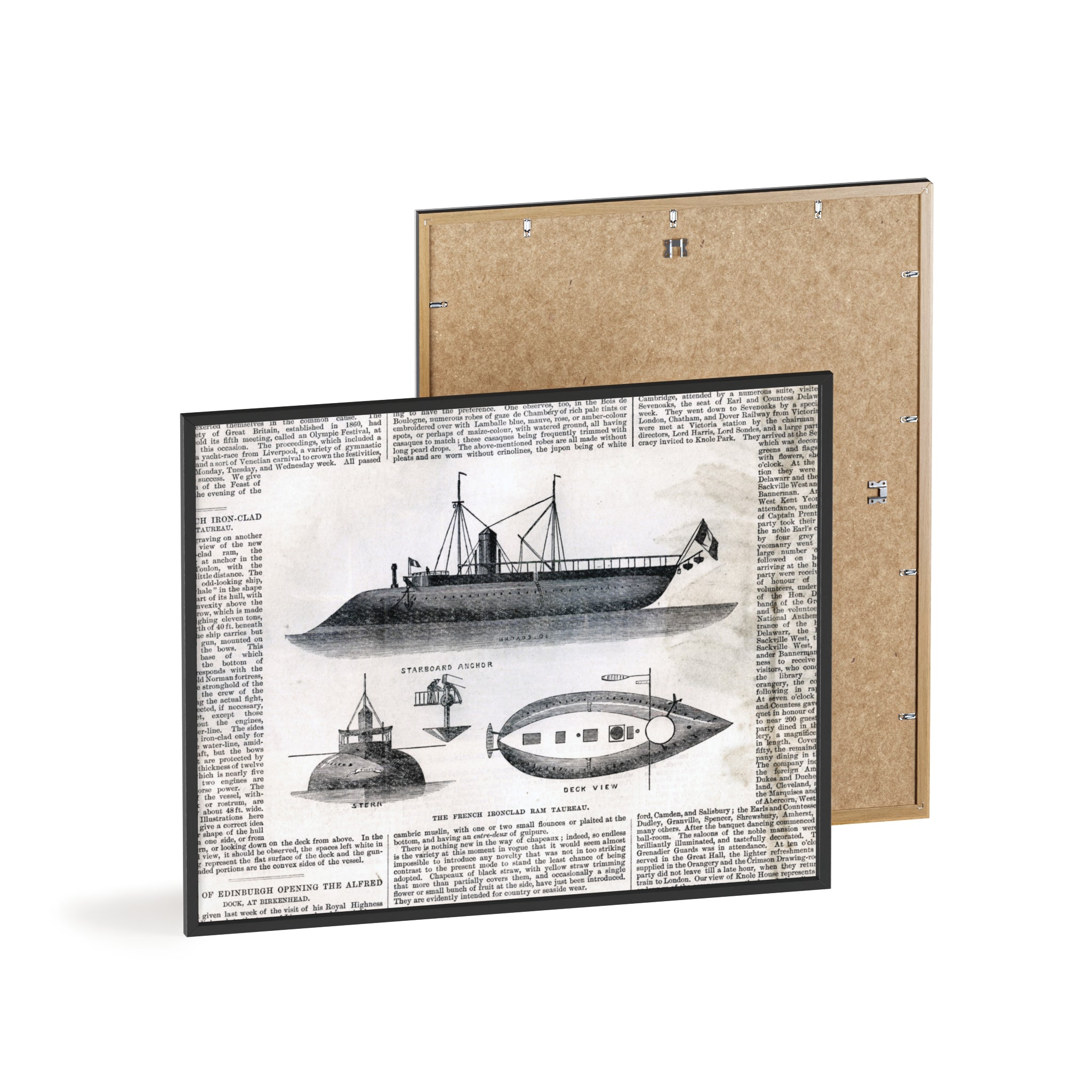 The French Ironclad RAM TAUREAU. Vintage Steamboat Patent Poster — Framed Nautical Wall Art