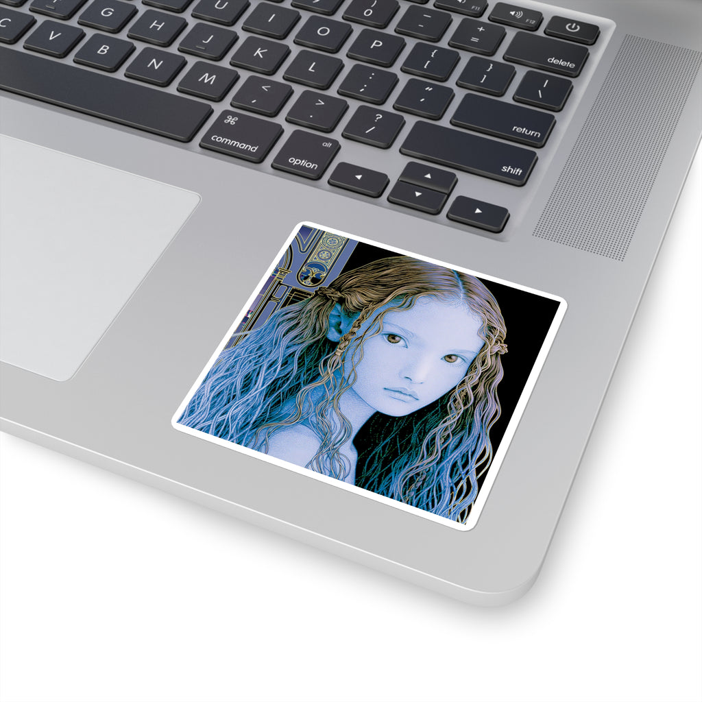 Ethereal Blue Elf Girl Square Sticker — Fantasy Anime Art Laptop Decal